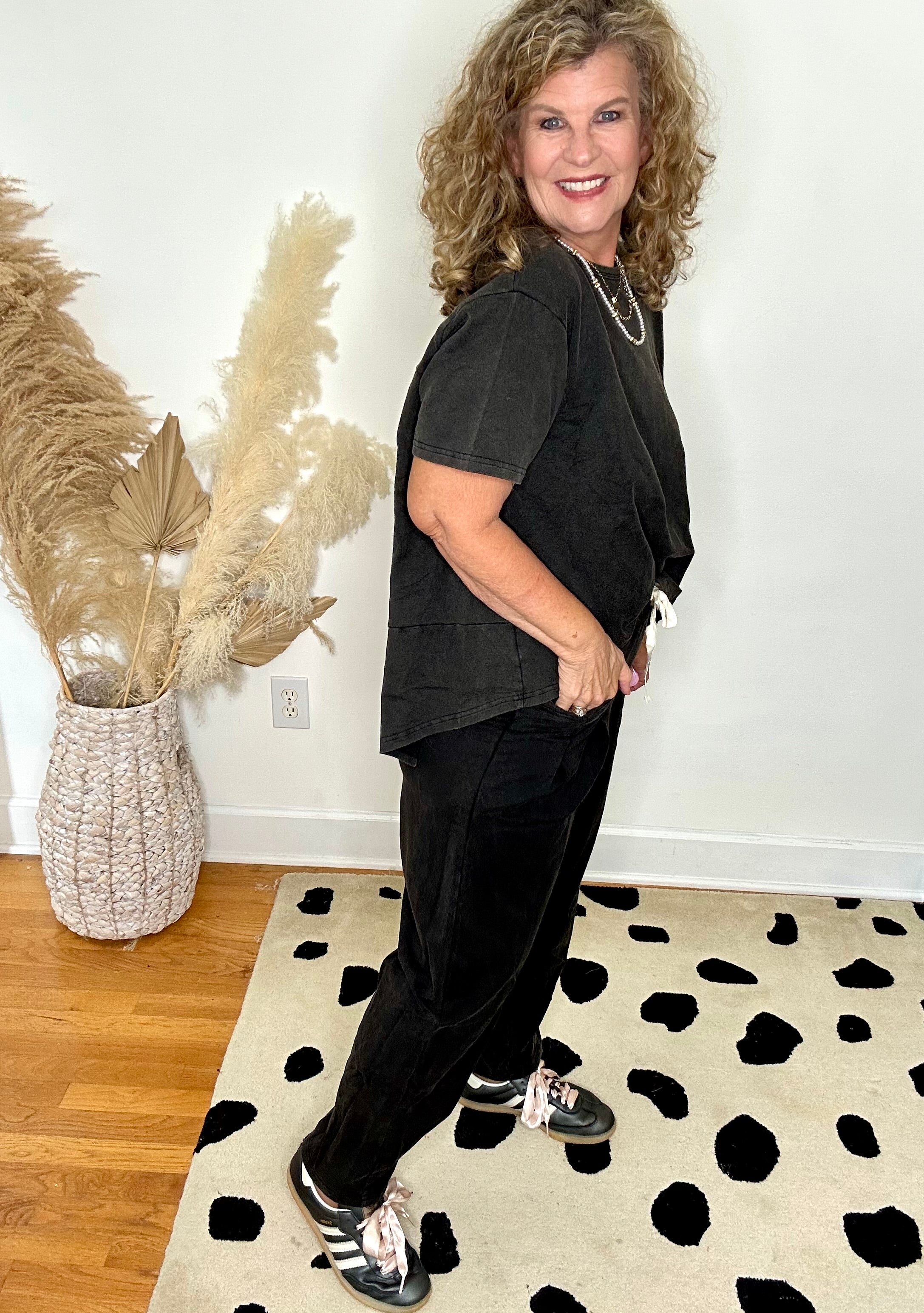 BLACK GARMENT WASHED PANTS SET