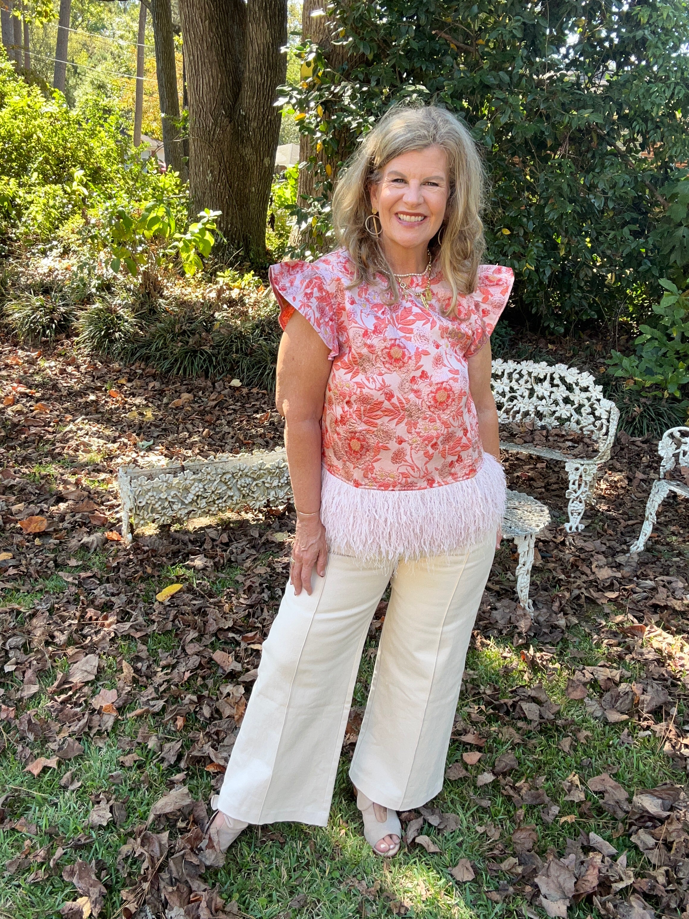 OSTRICH TRIM JACQUARD TOP