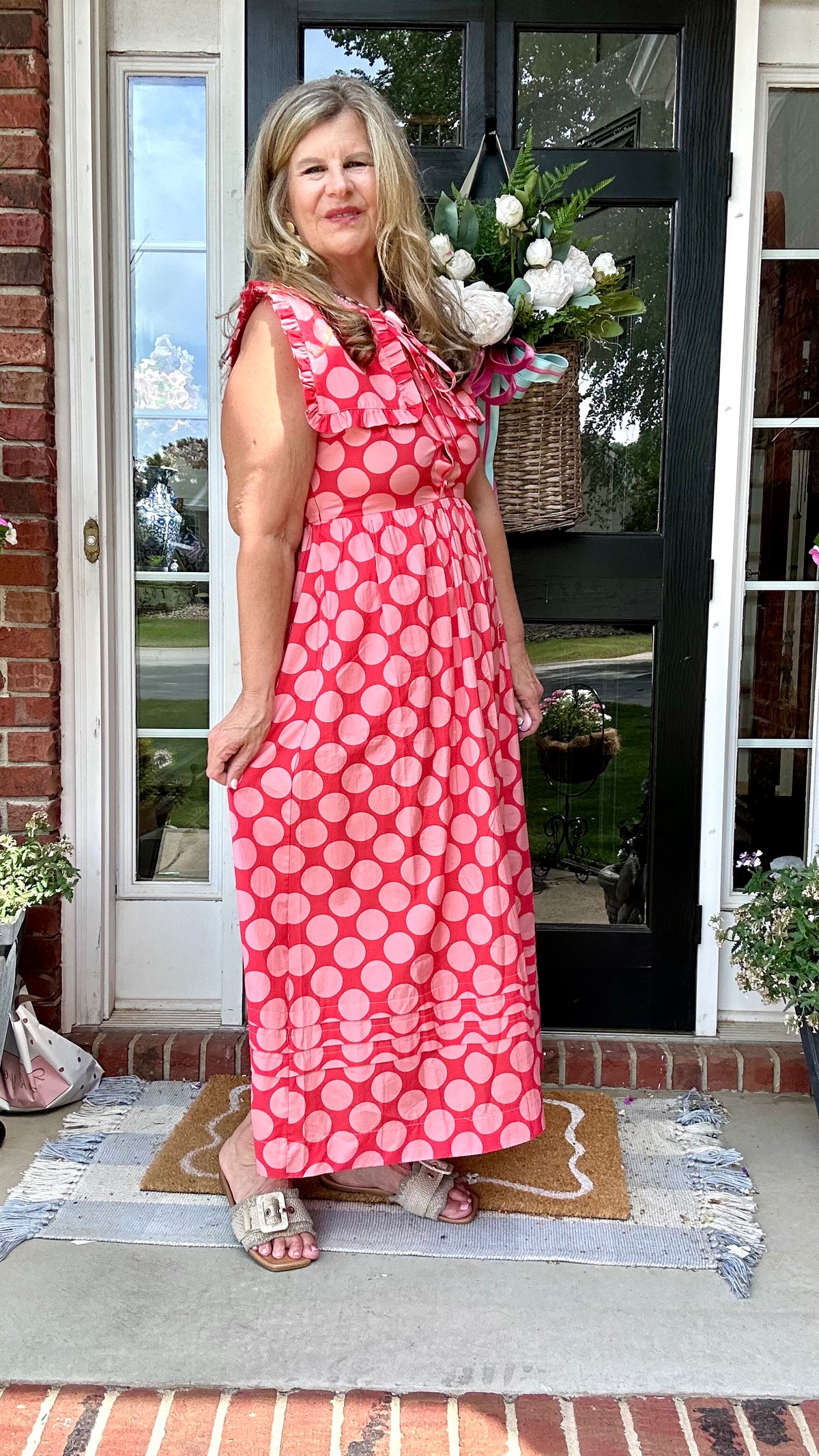 RED/PINK COTTON POPLIN DOT MAXI DRESS