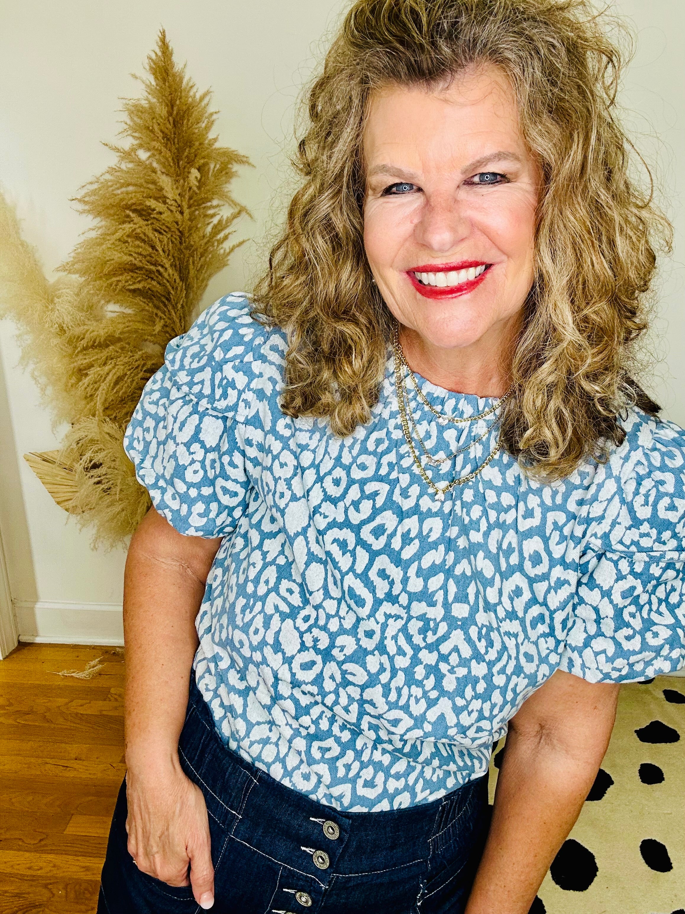 LEOPARD DENIM PUFF SLEEVE TOP