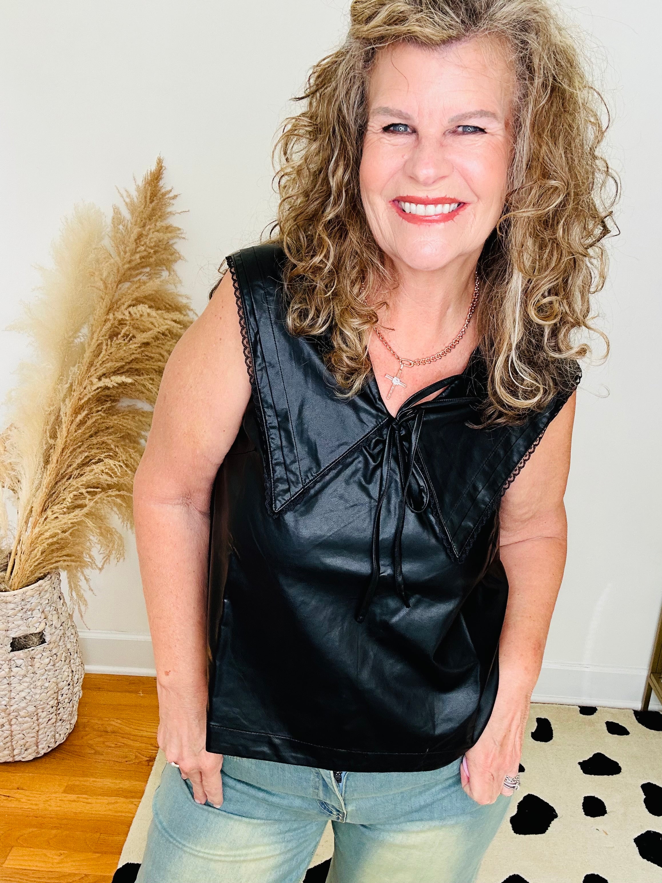 FAUX LEATHER SAILOR COLLAR TOP