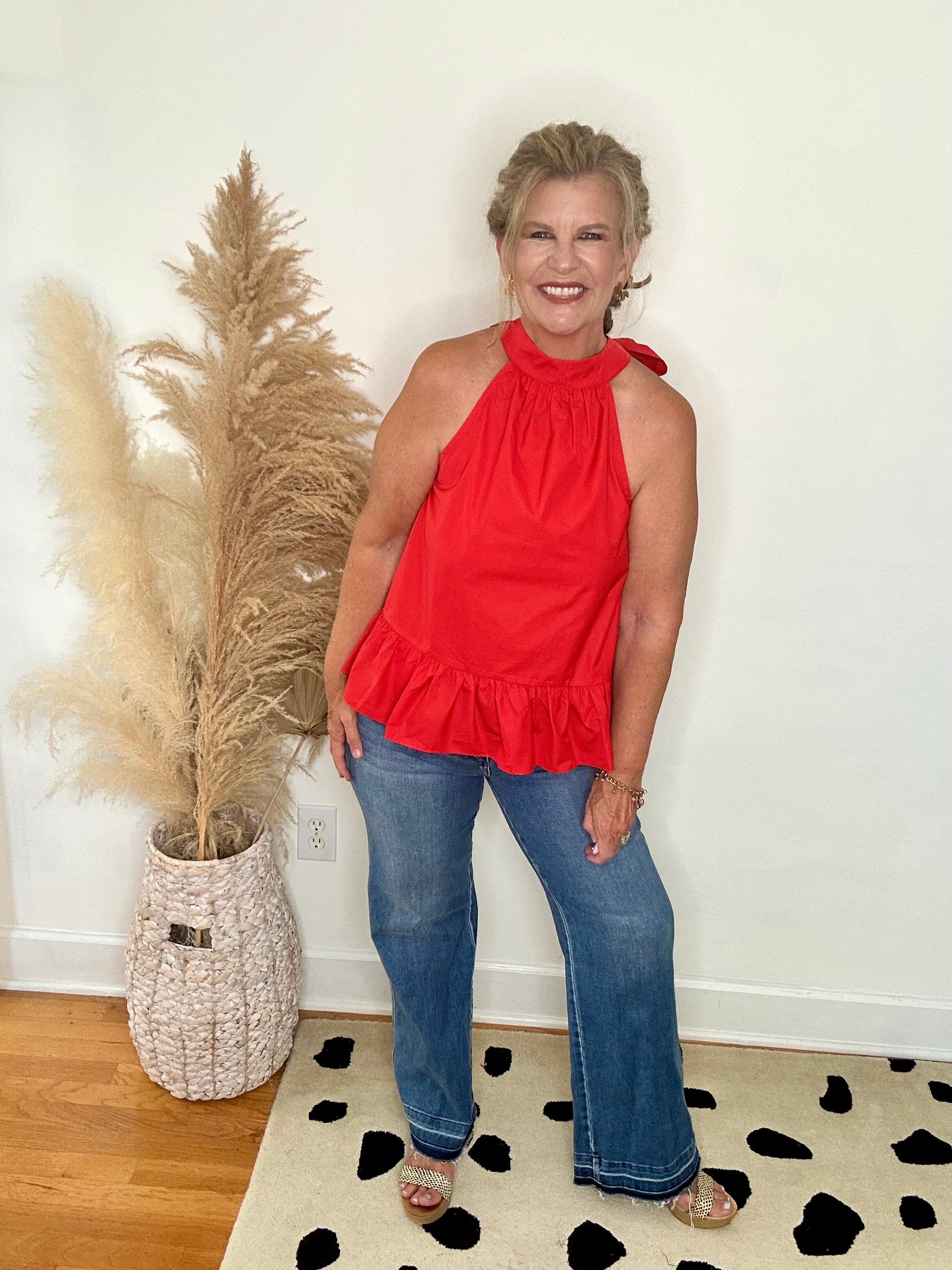 RED HALTER NECK BACK TIE TOP