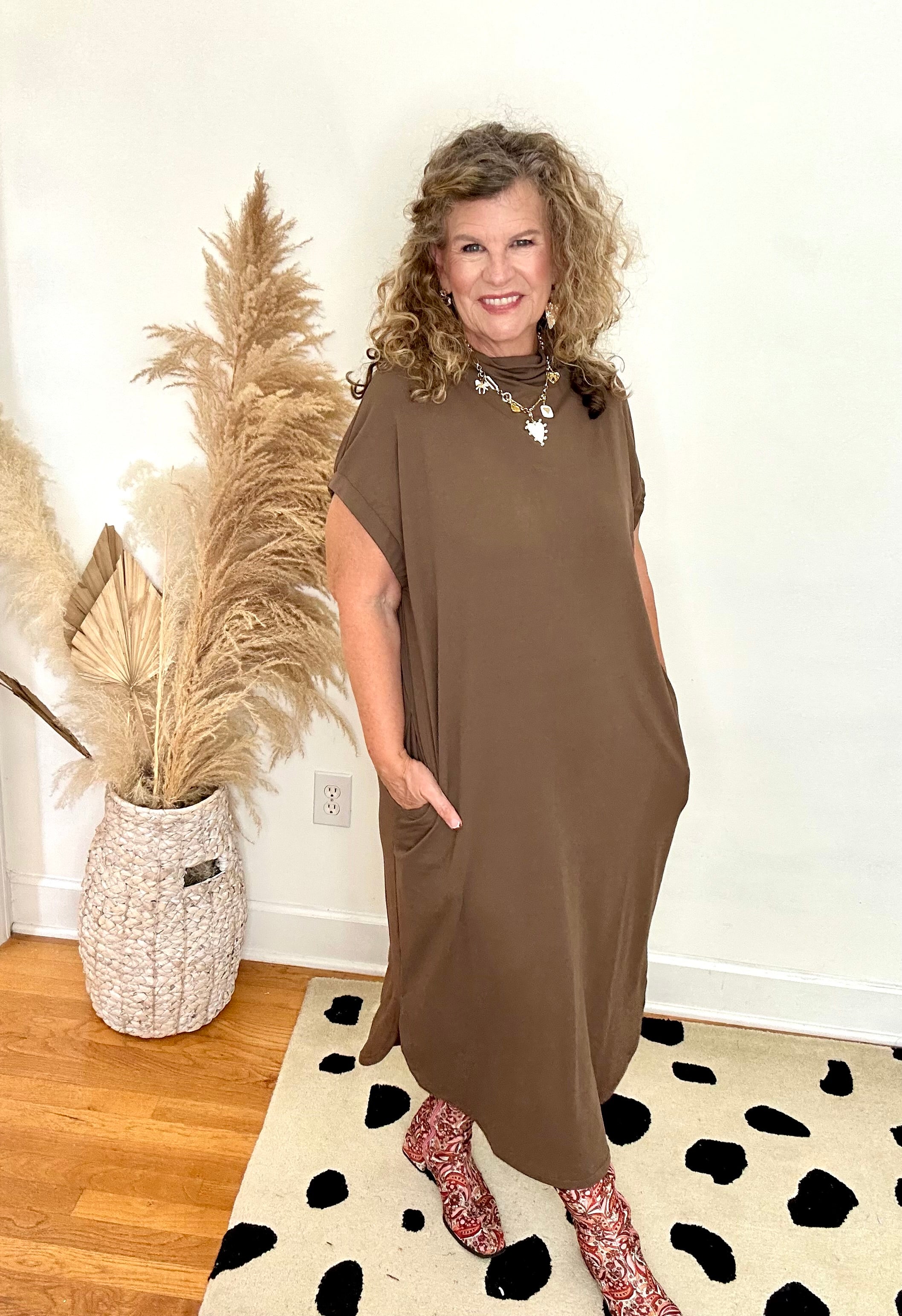 MOCHA MOCK NECK MIDI DRESS