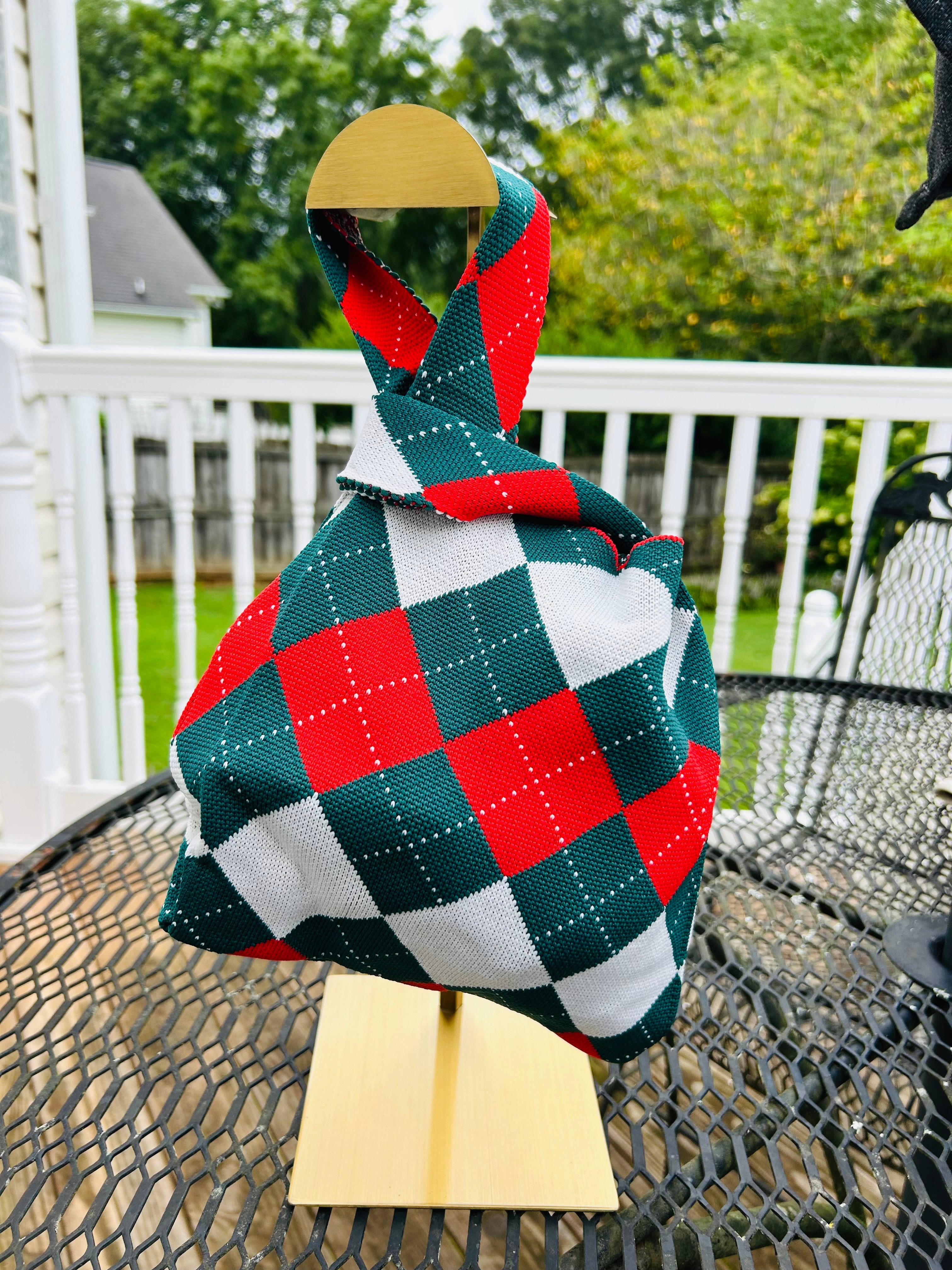 RED AND GREEN ARGYLE KNIT HANDBAG