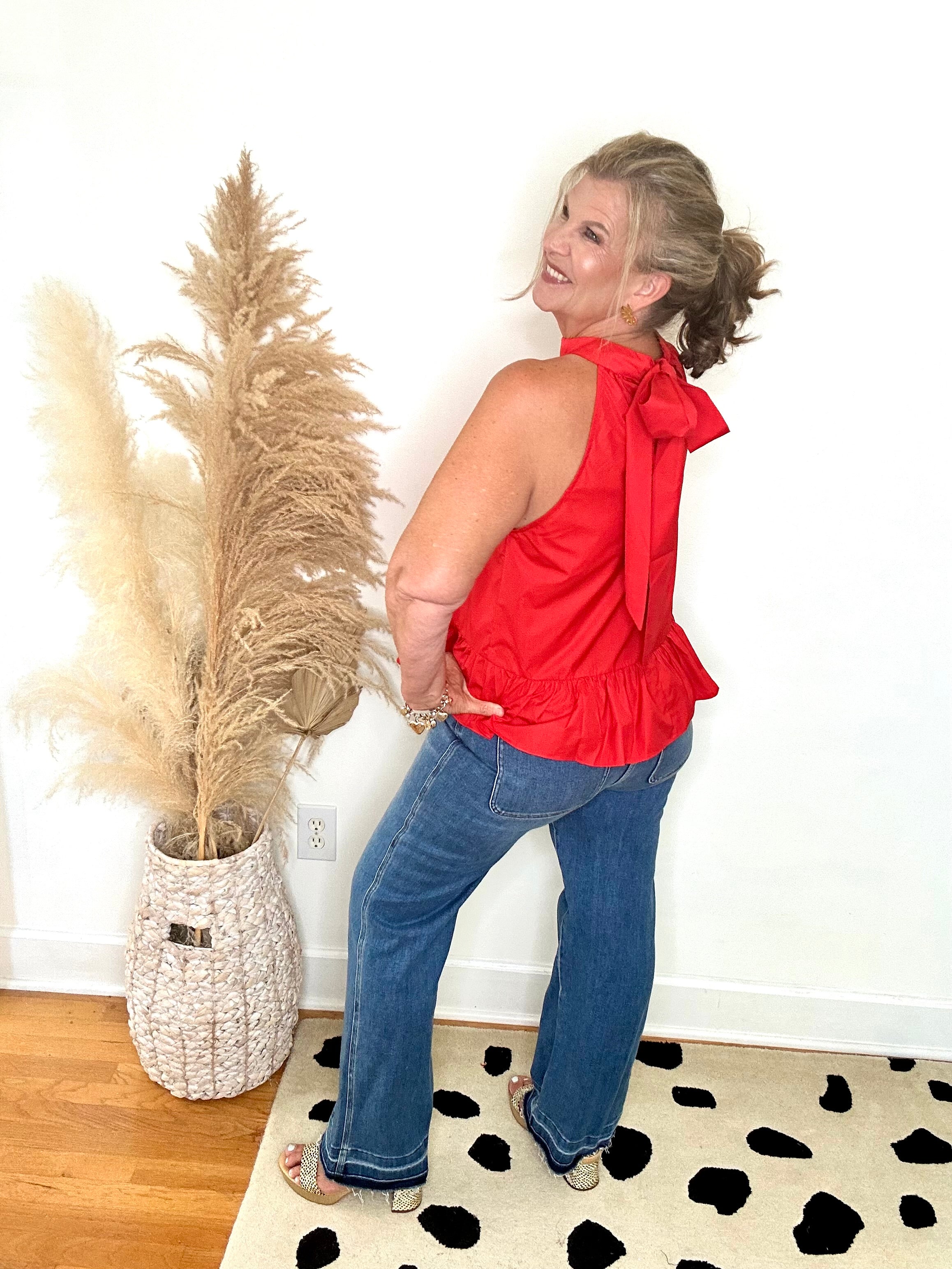 RED HALTER NECK BACK TIE TOP