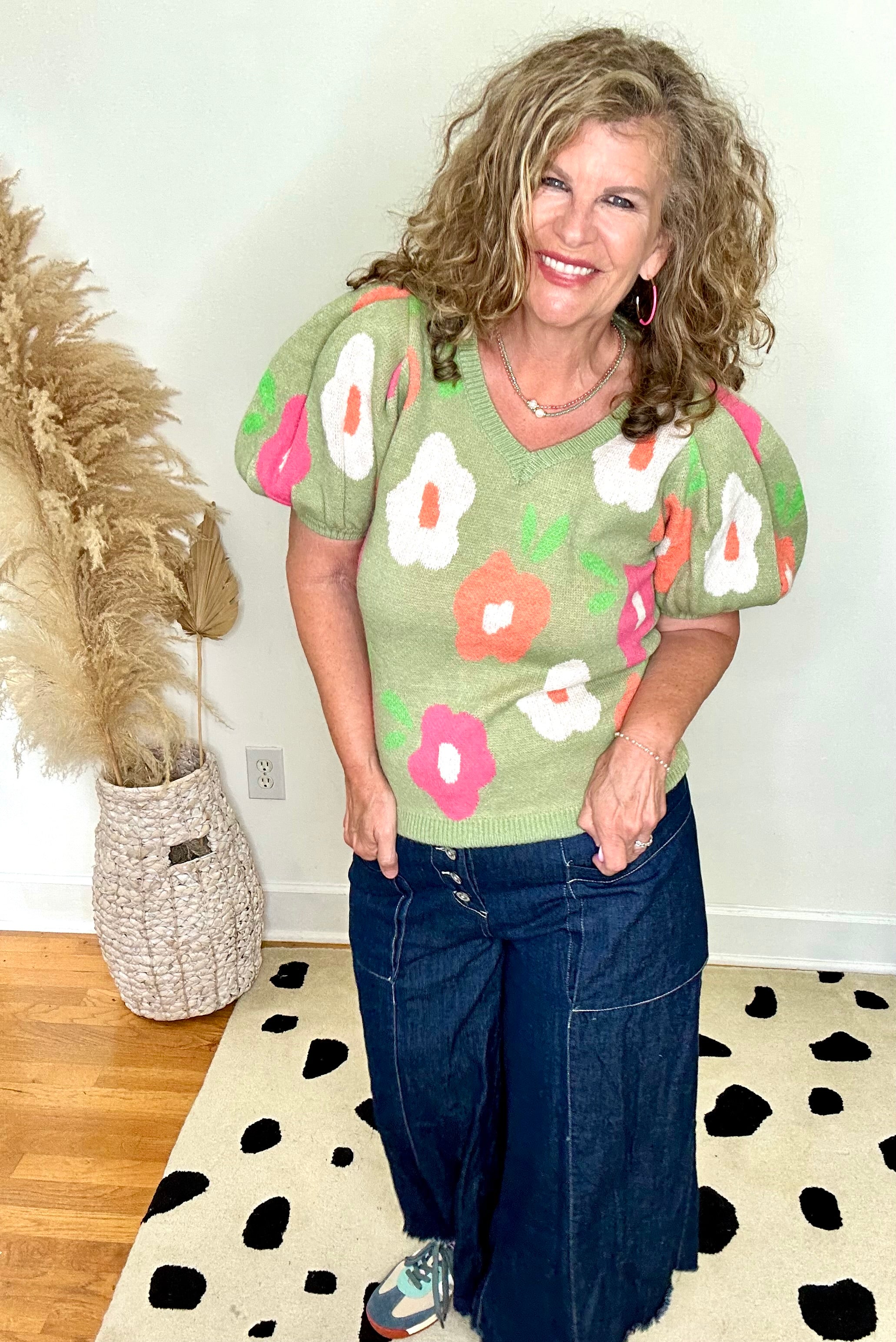FLOWER POWER SWEATER TOP IN LIGHT OLIVE