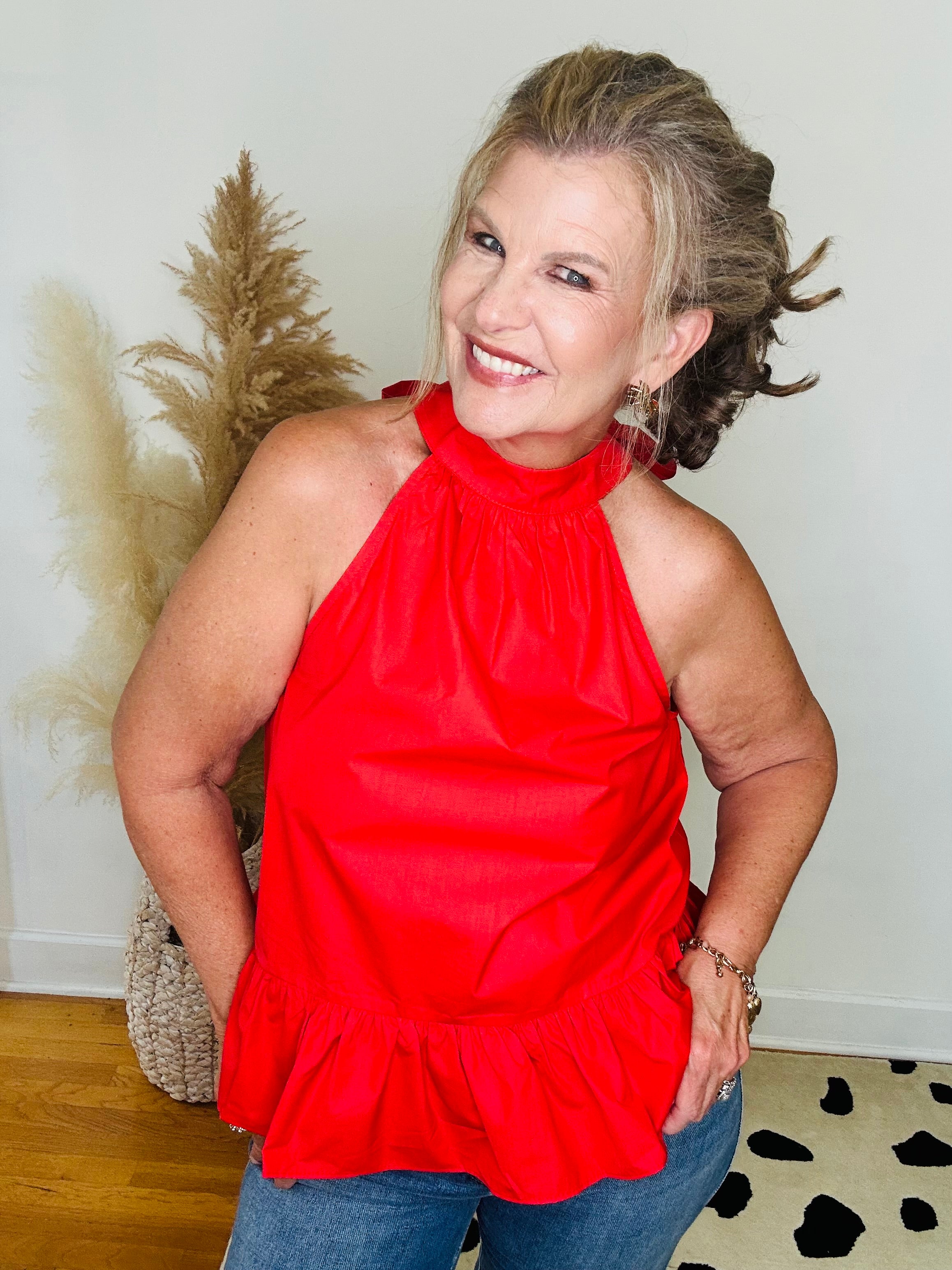 RED HALTER NECK BACK TIE TOP