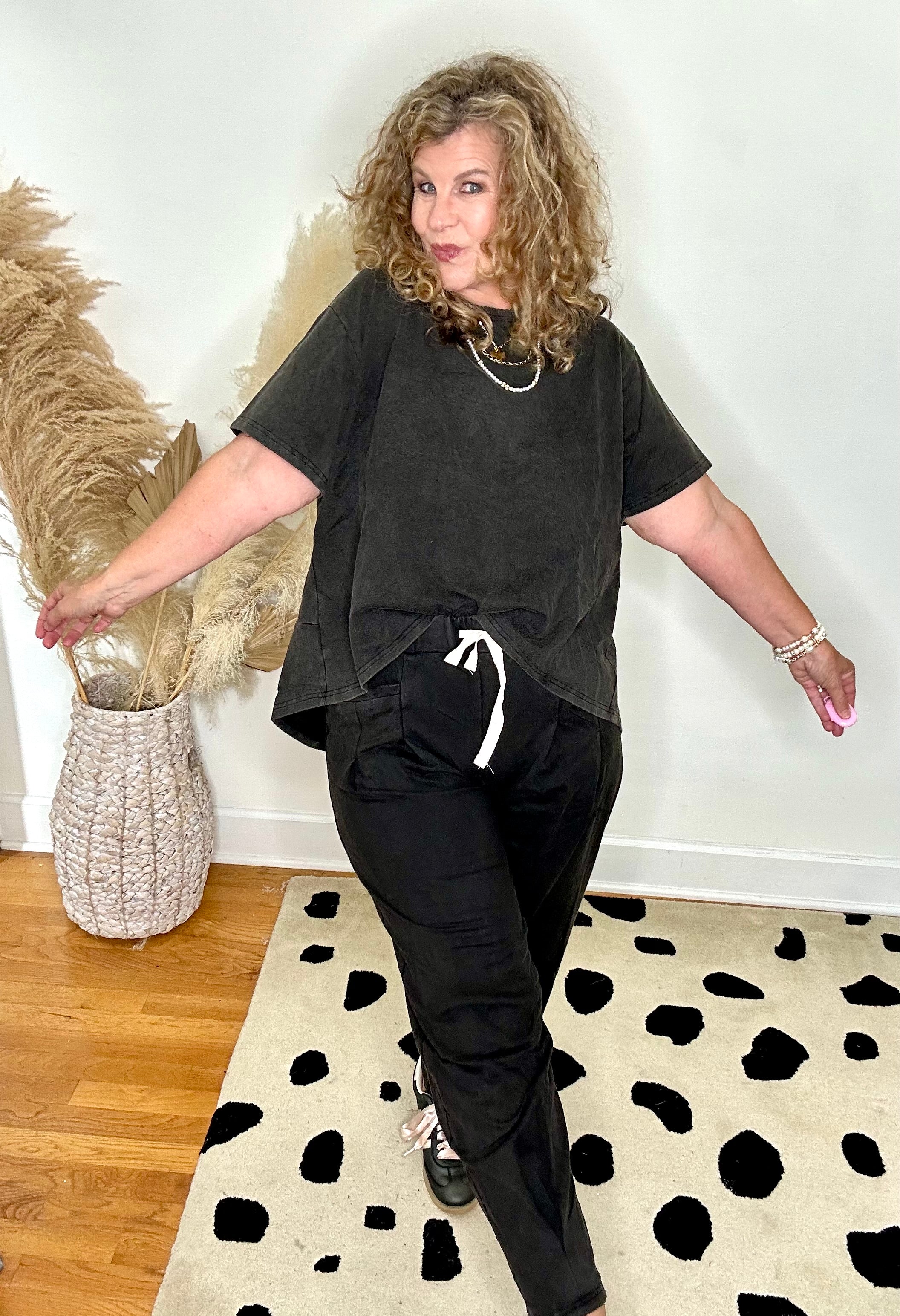 BLACK GARMENT WASHED PANTS SET