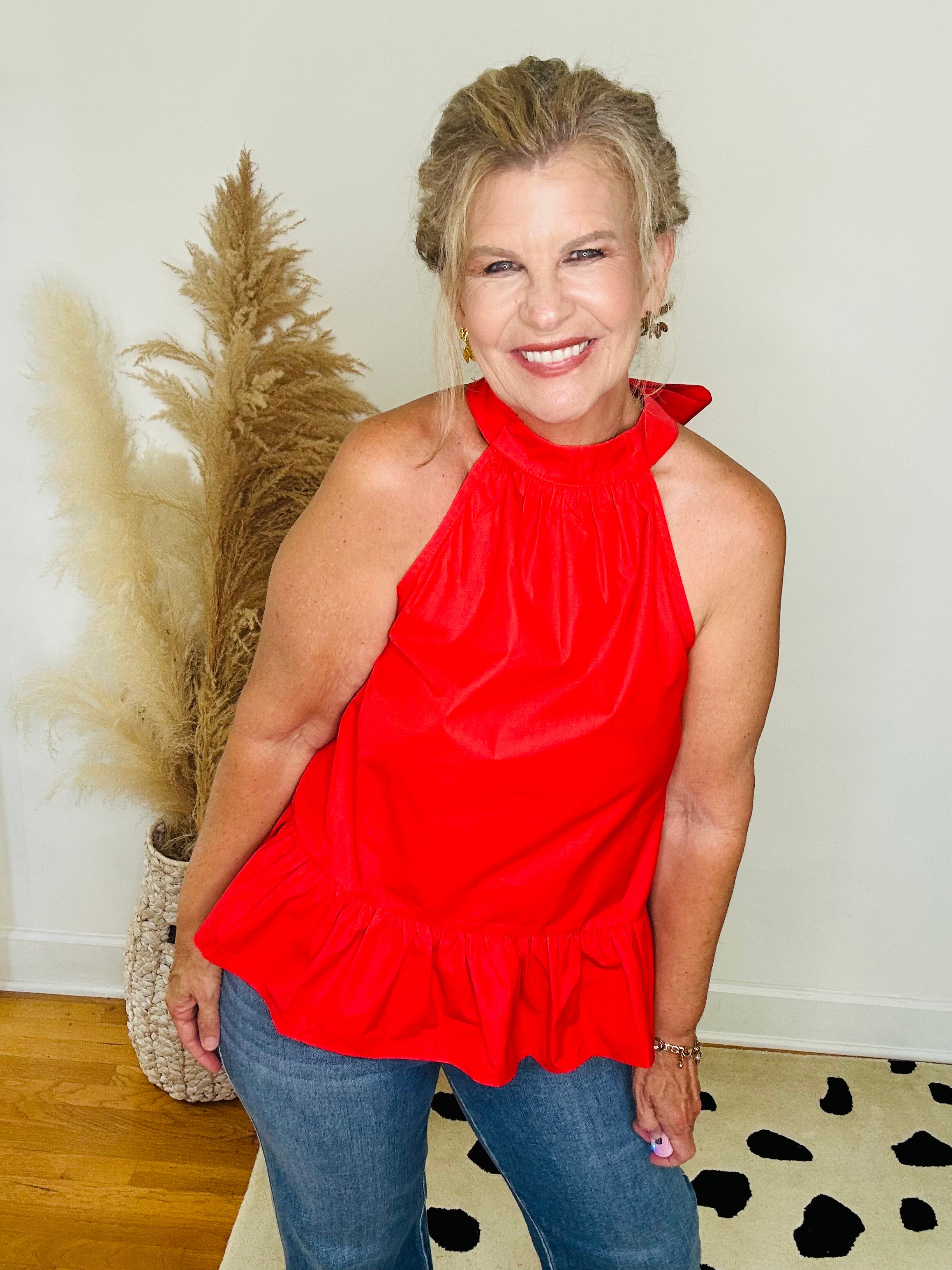 RED HALTER NECK BACK TIE TOP