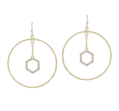 GOLD OPEN HOOP WITH RHINESTONE HEXAGON