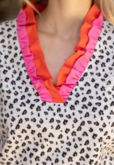 DOUBLE CONTRAST RUFFLE ANIMAL PRINT TOP