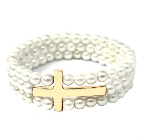 PEARL AND GOLD THREE ROW CROSS STRETCH BRACELET