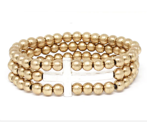 GOLD BEADED WITH SILVER CROSS STRETCH BRACELET