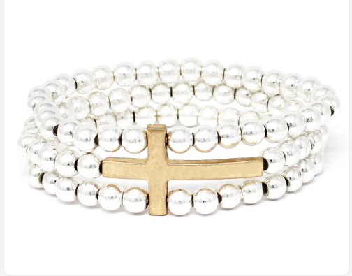 SILVER BEADED WITH GOLD CROSS STRETCH BRACELET