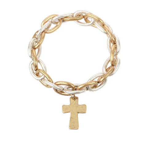 WORN GOLD AND SILVER LINKED BRACELET WITH GOLD CROSS CHARM