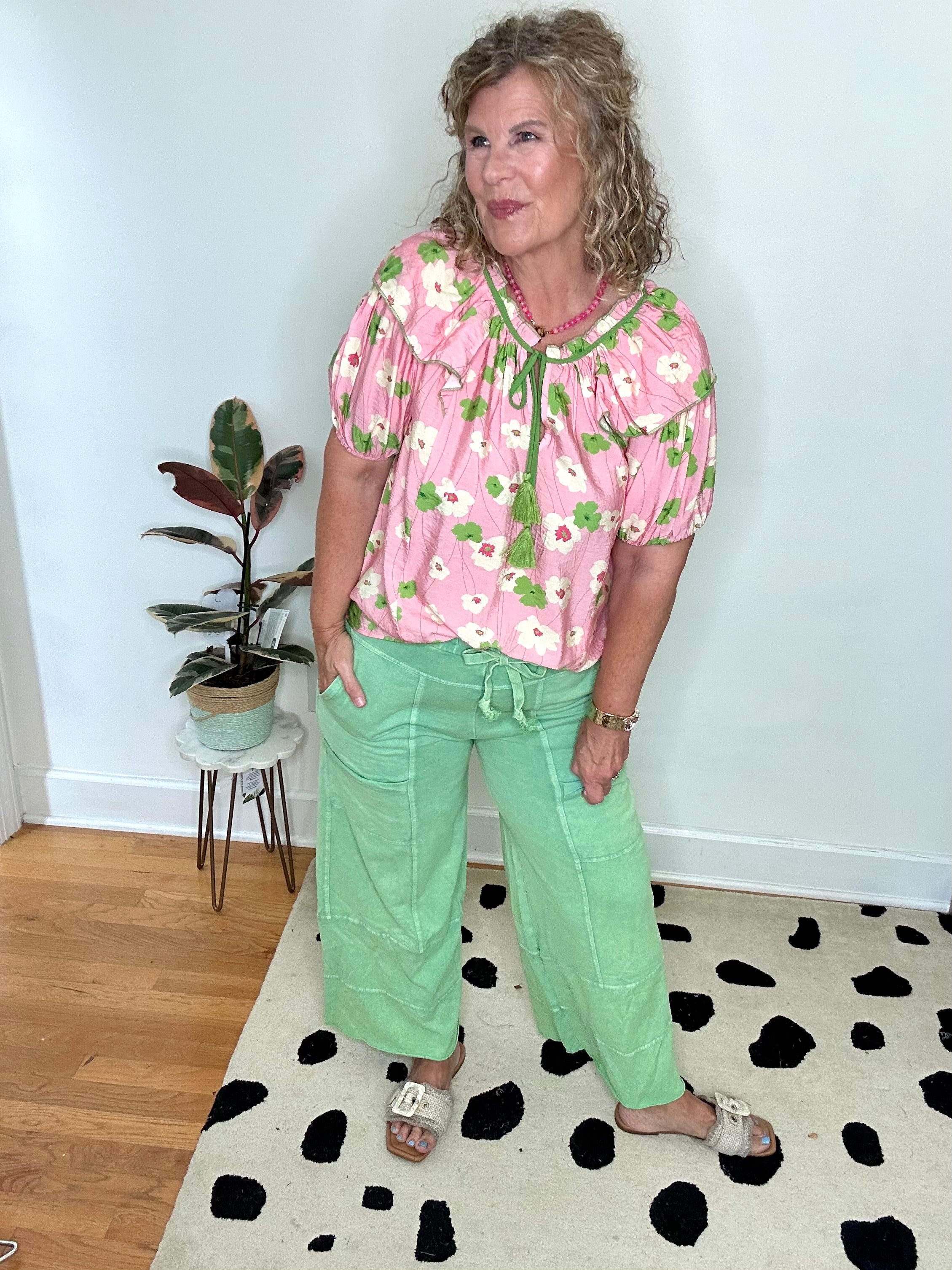 FLORAL GREEN AND PINK PRINTED BLOUSE
