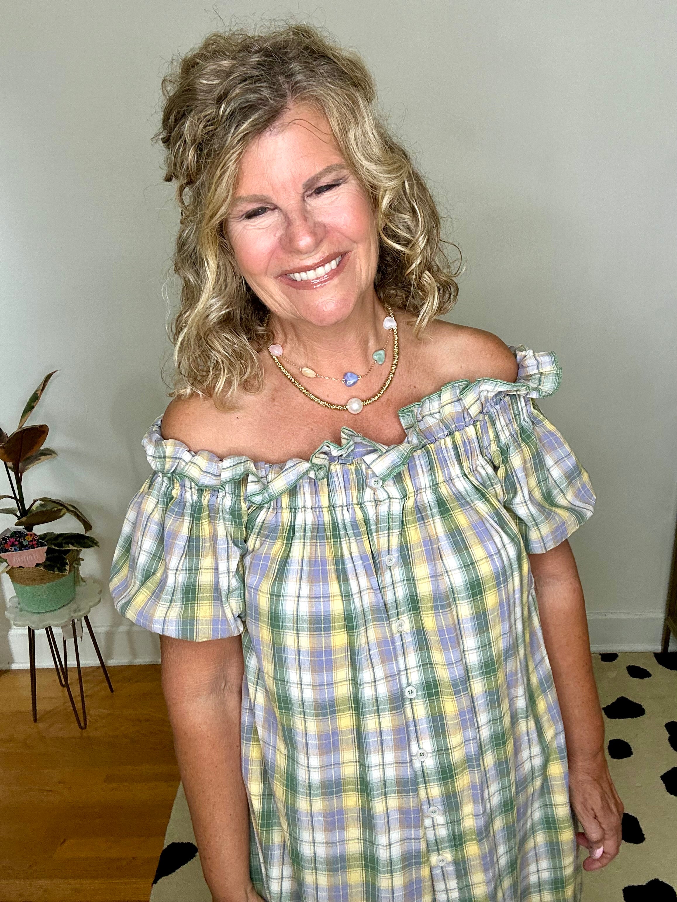 SAGE OFF THE SHOULDER PLAID MAXI DRESS