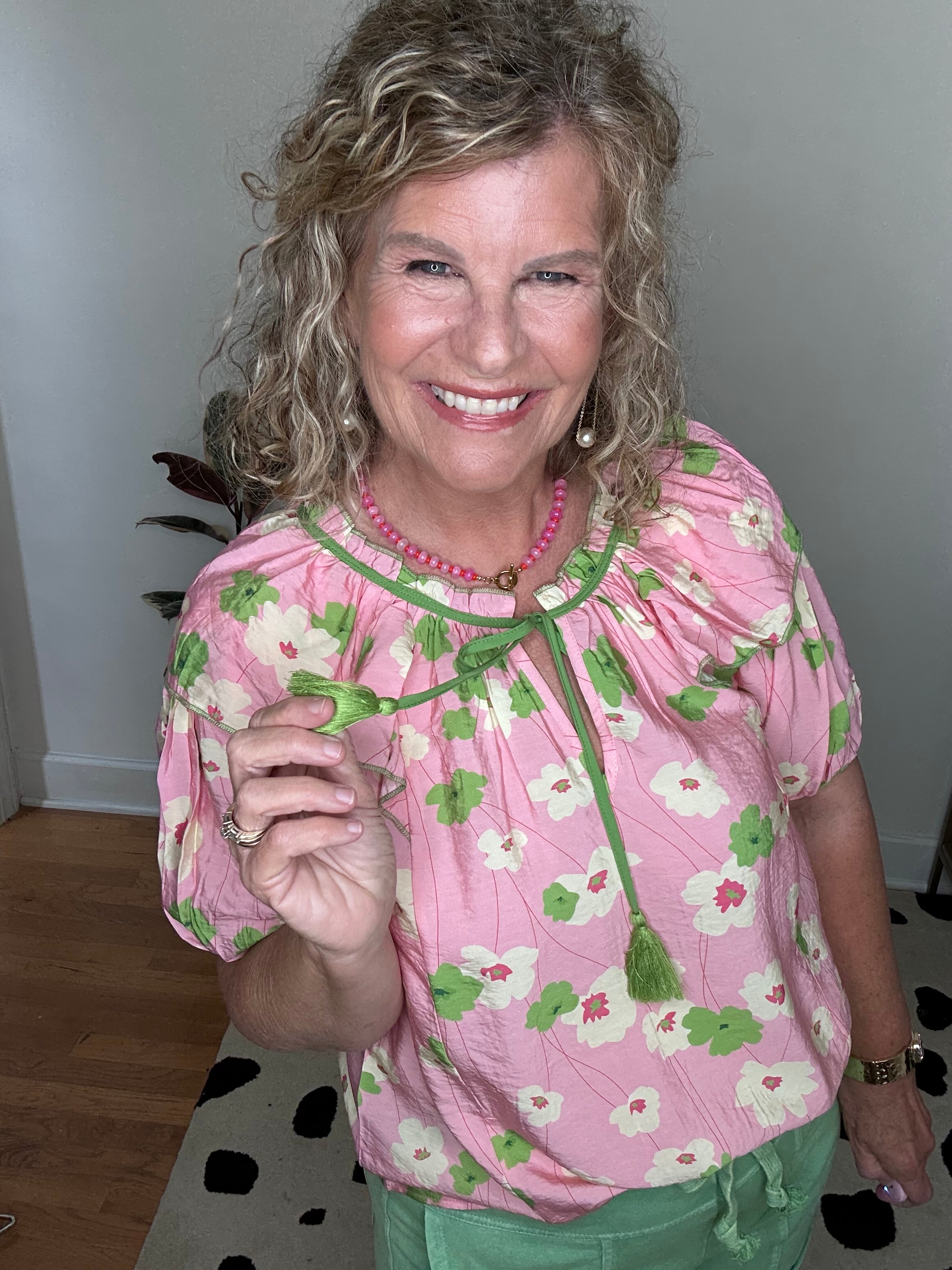 FLORAL GREEN AND PINK PRINTED BLOUSE