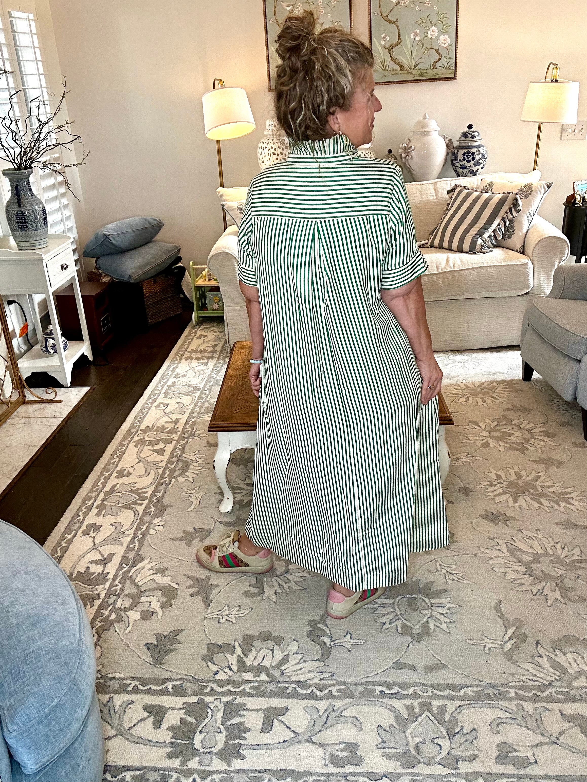 TIMELESS GREEN STRIPE MIDI SHIRT DRESS