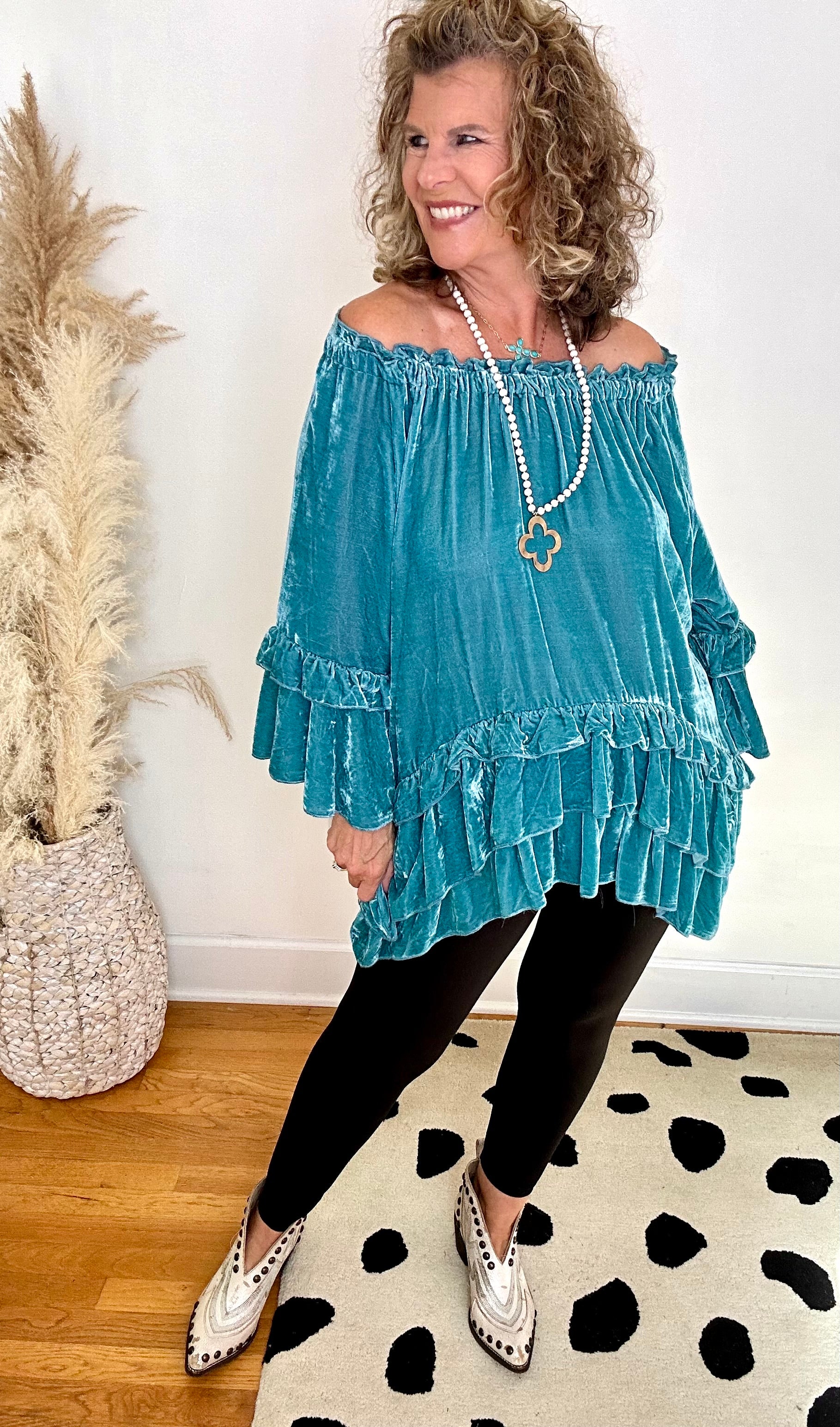 TURQUOISE VELVET RUFFLE TOP