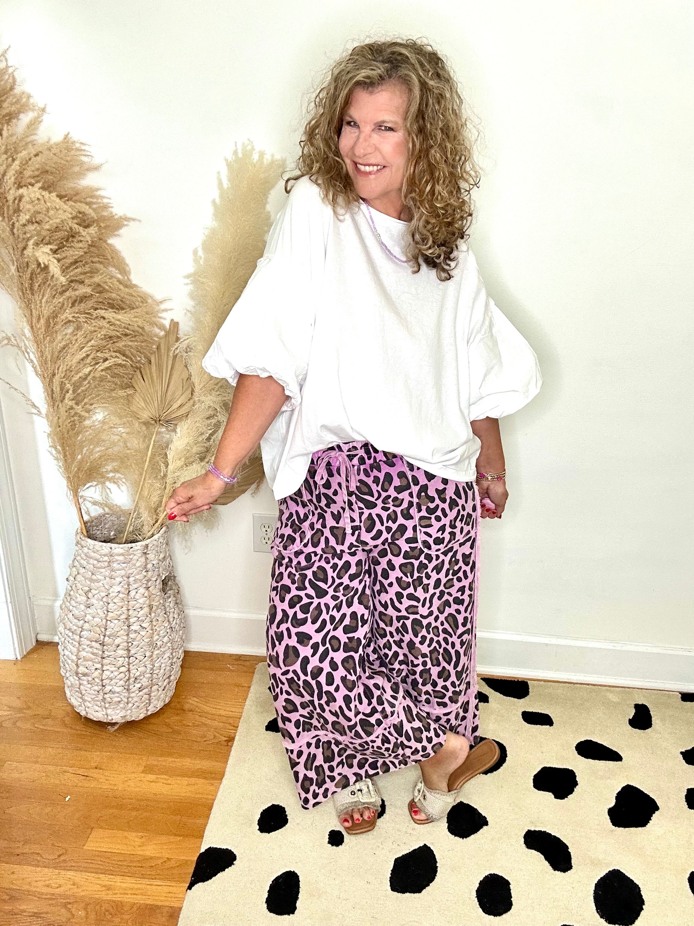 DRIED ORCHID ANIMAL PRINT MINERAL WASHED TERRY KNIT PANT