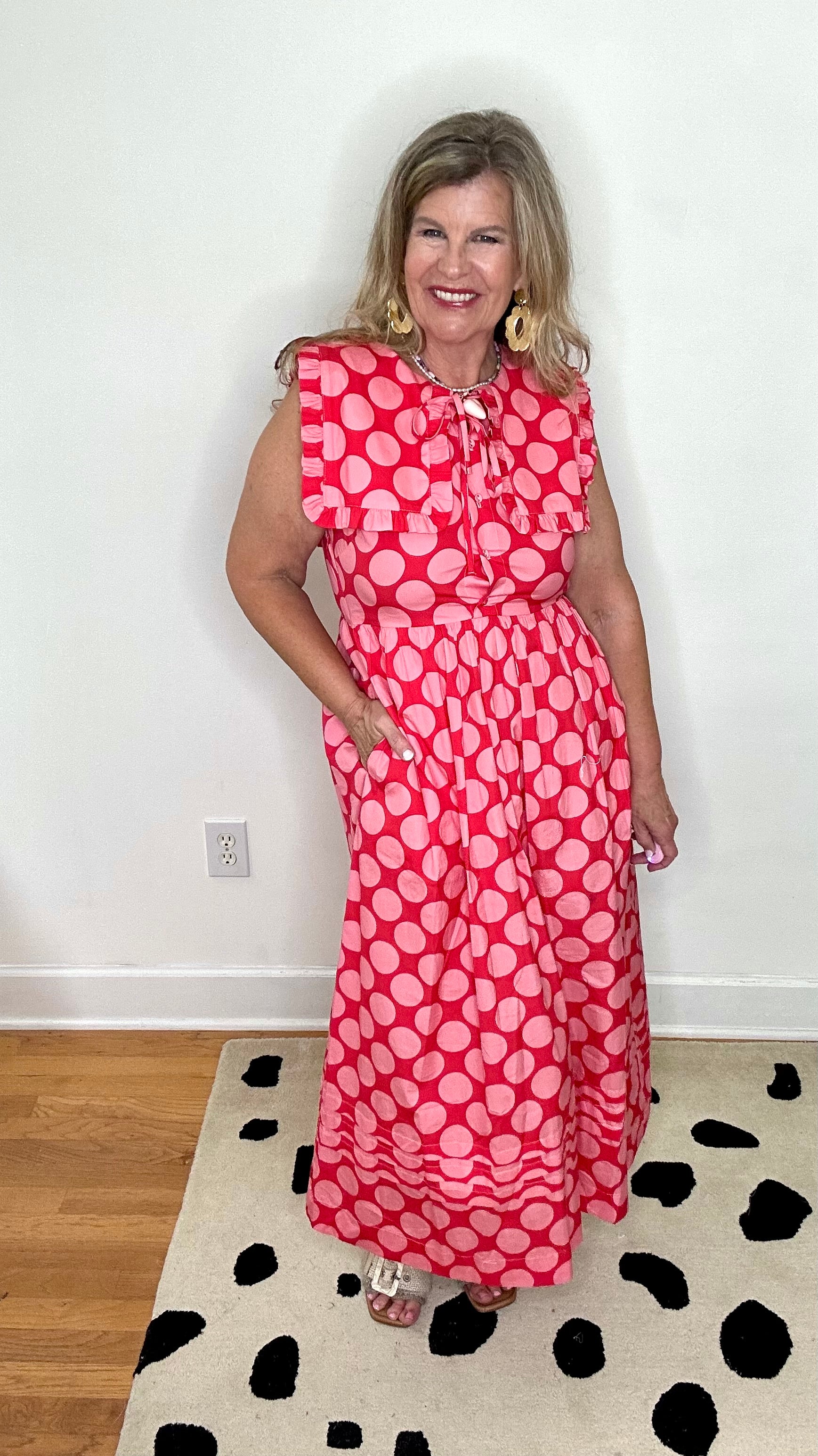 RED/PINK COTTON POPLIN DOT MAXI DRESS