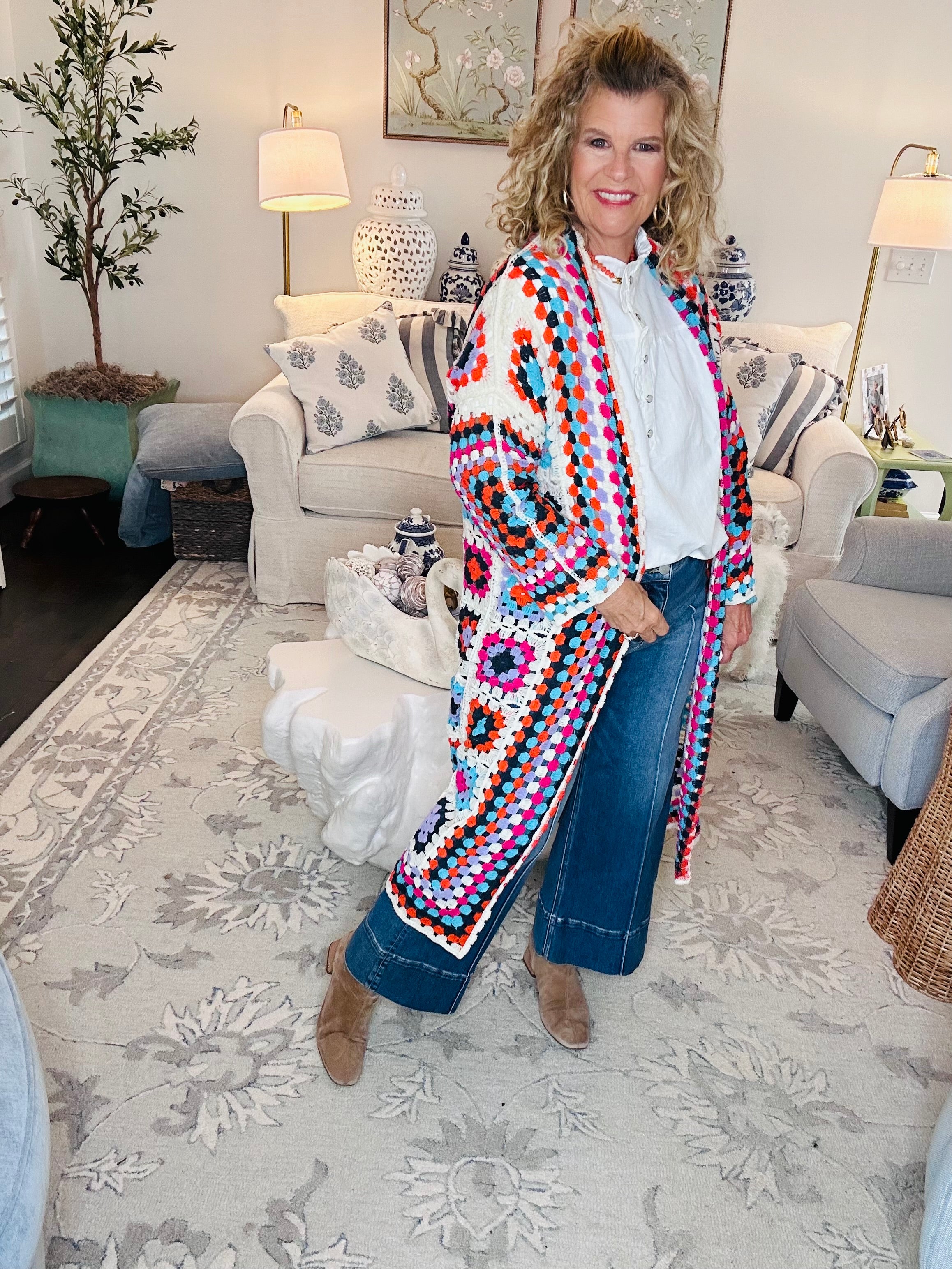 OPEN FRONT CROCHET PATTERNED DUSTER