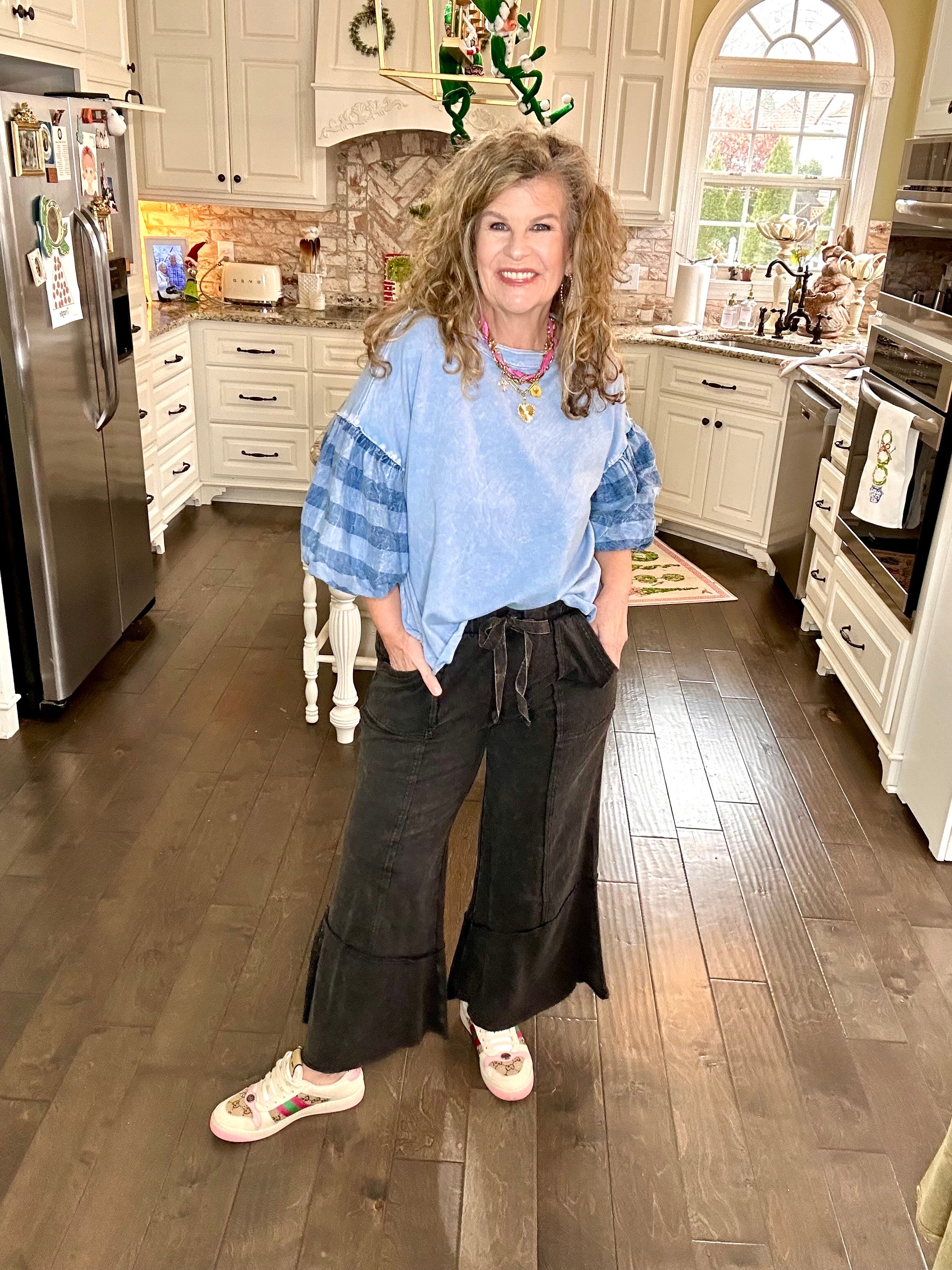 CHECKMATE MINERAL WASH GINGHAM PUFF SLEEVE TOP