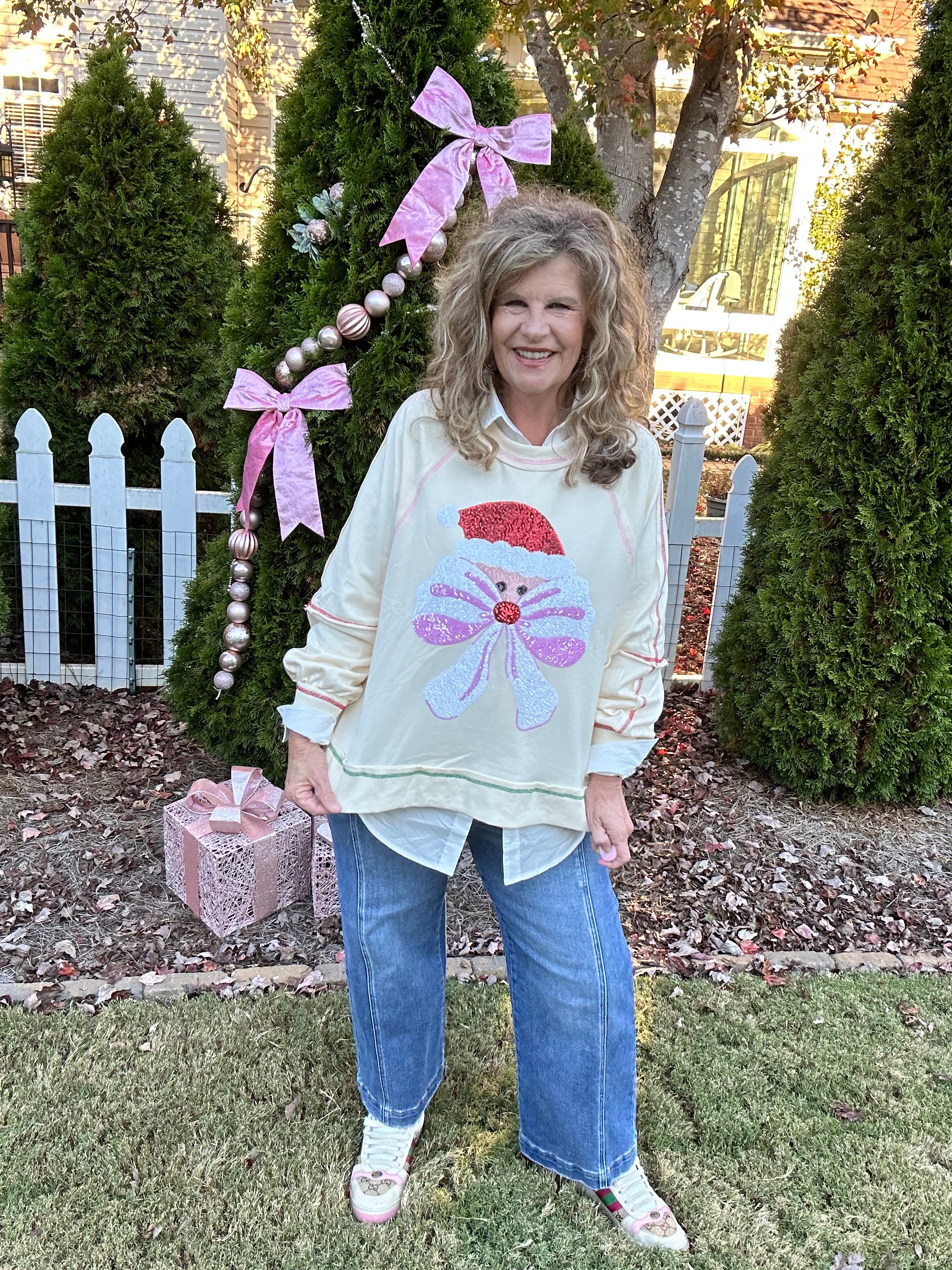 SEQUIN SANTA RAGLAN SLEEVE PULLOVER