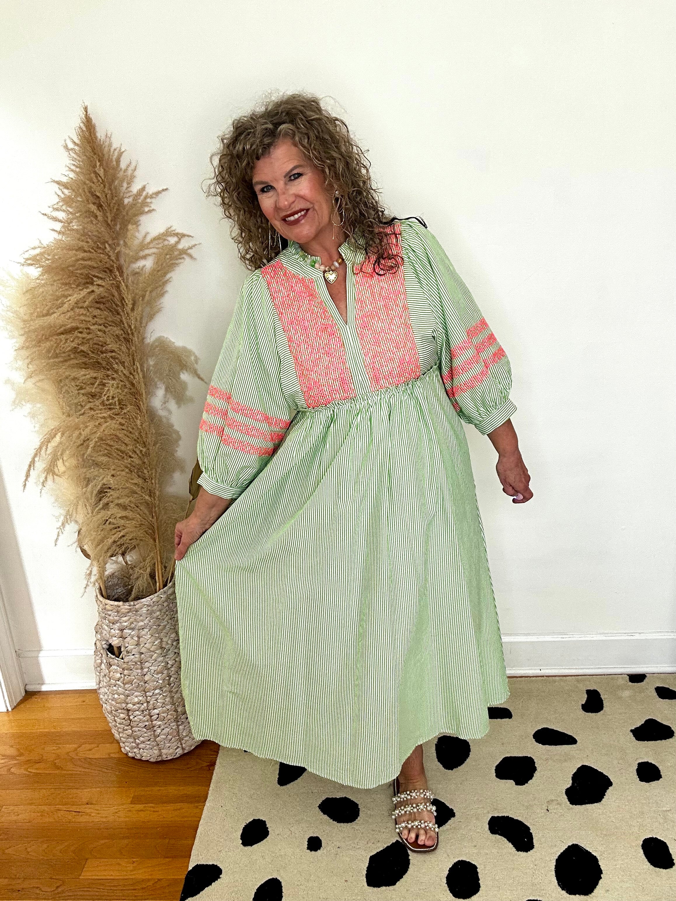 LIME STRIPED AND EMBROIDERED MIDI DRESS