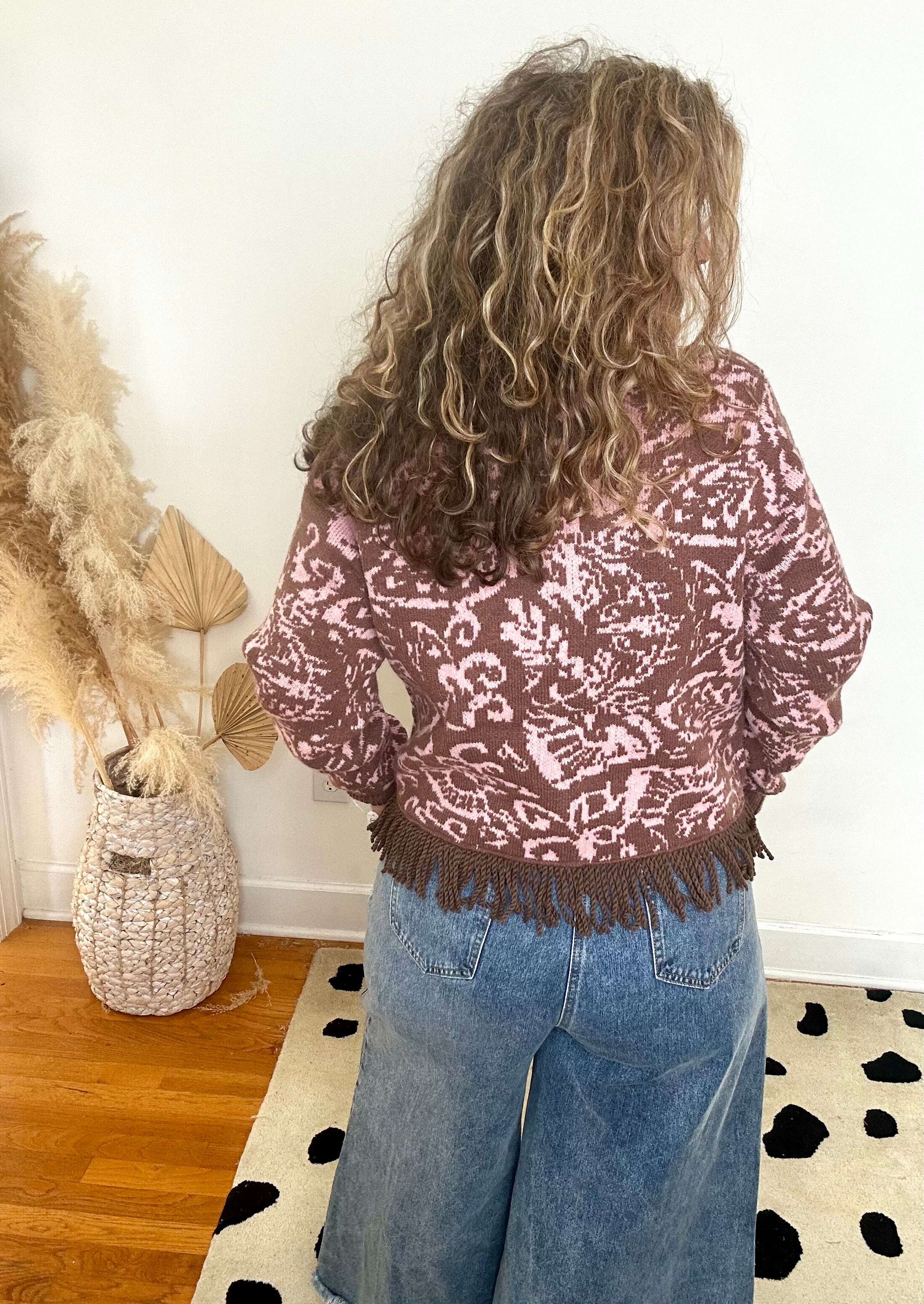 MOCHA PINK FLORAL KNIT FRINGED SWEATER CARDIGAN