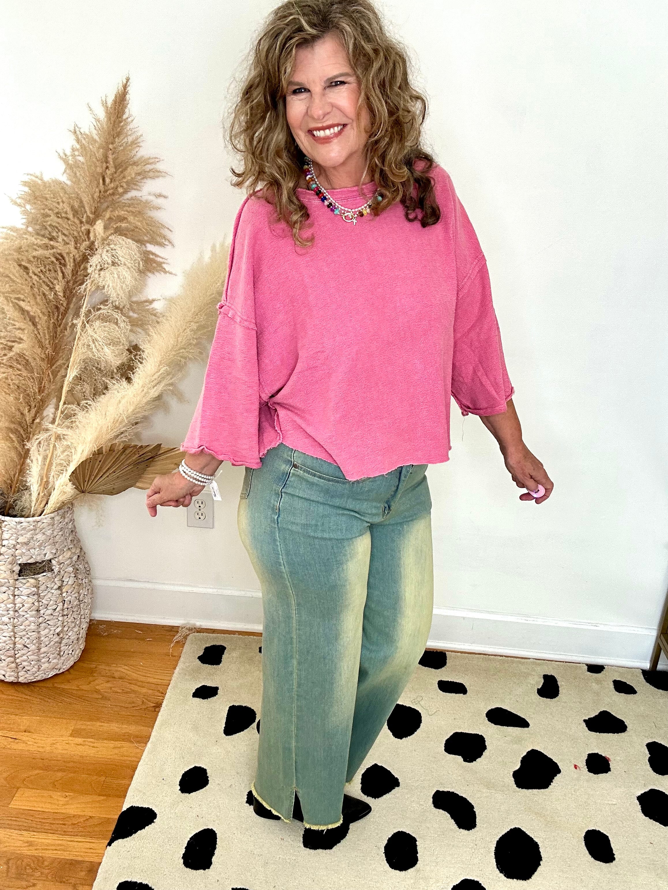 COFFEE SHOP CUTE WASHED KNIT PINK TOP