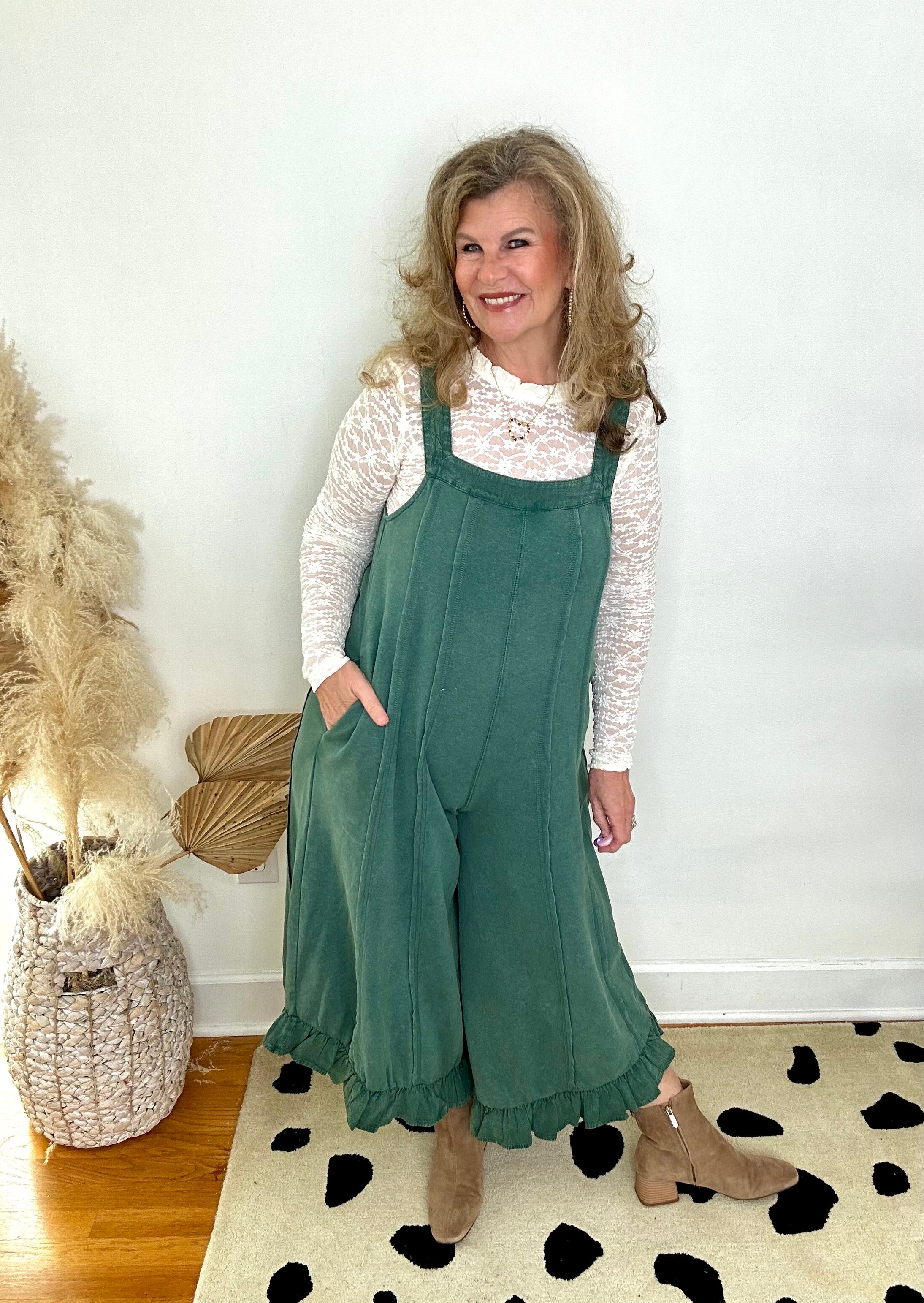 FOREST GREEN RUFFLE LEG JUMPSUIT