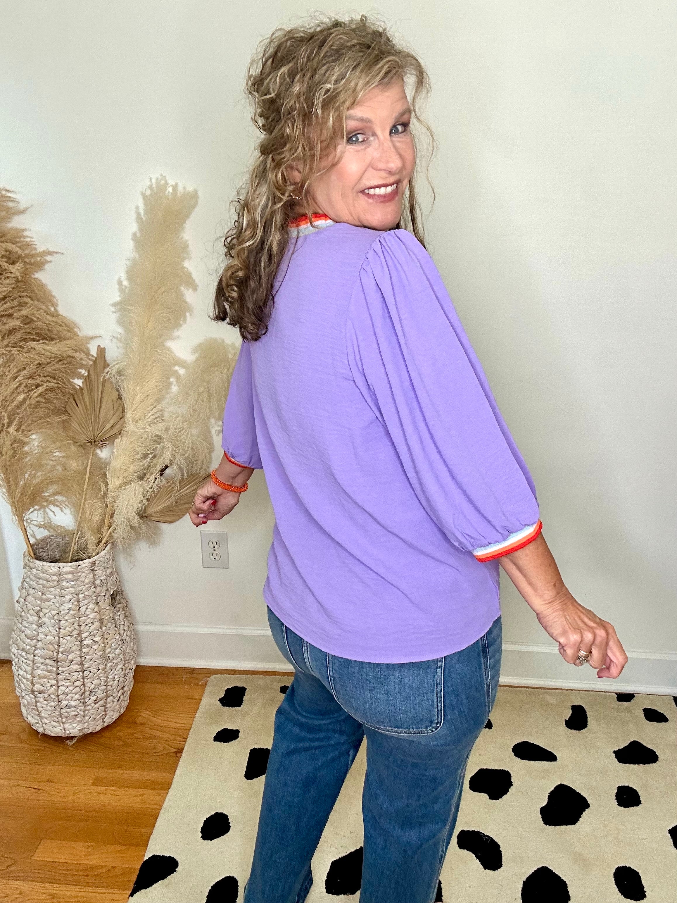 LILAC SOLID 3/4 LENGTH PEASANT SLEEVE TOP