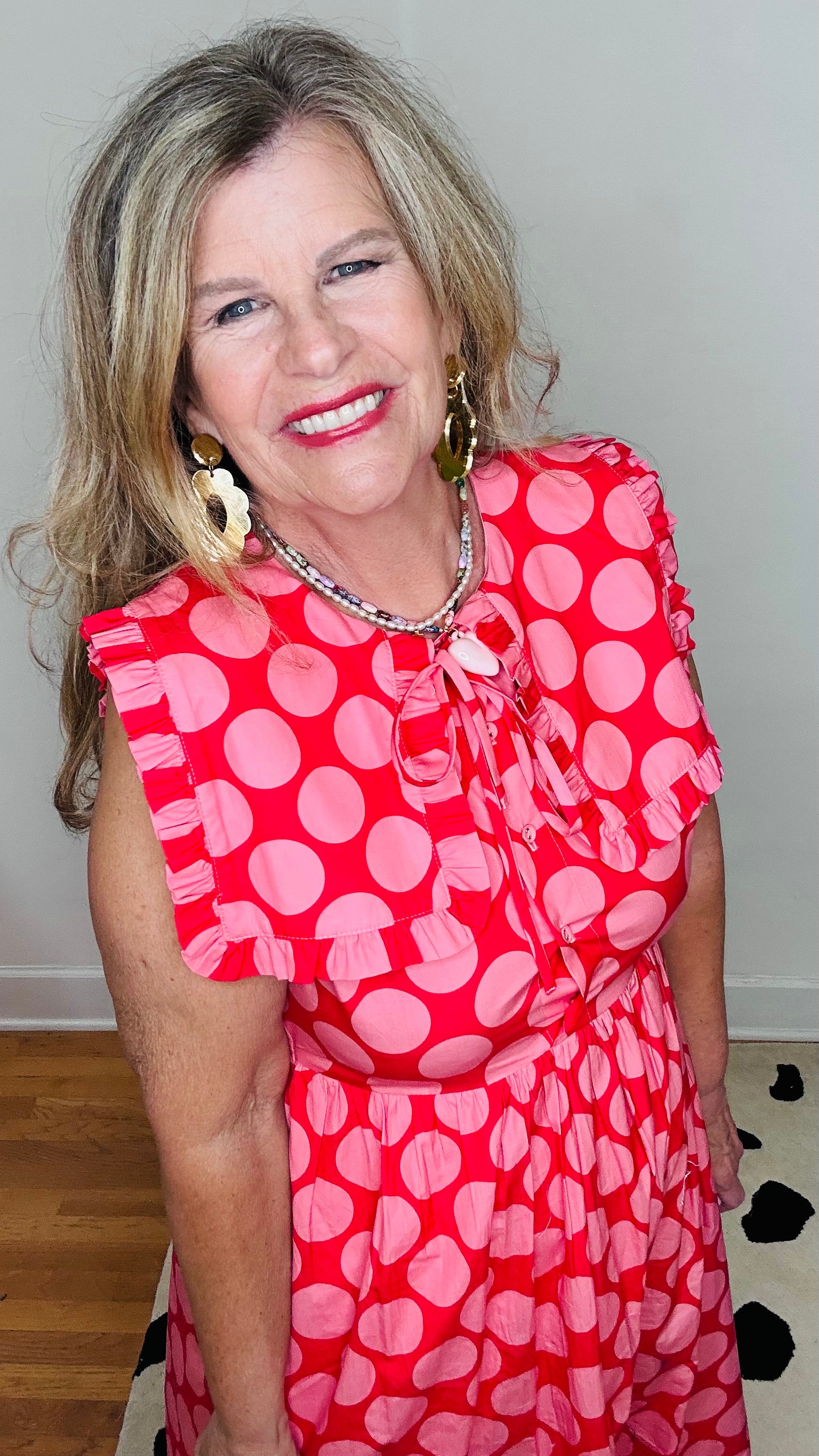 RED/PINK COTTON POPLIN DOT MAXI DRESS