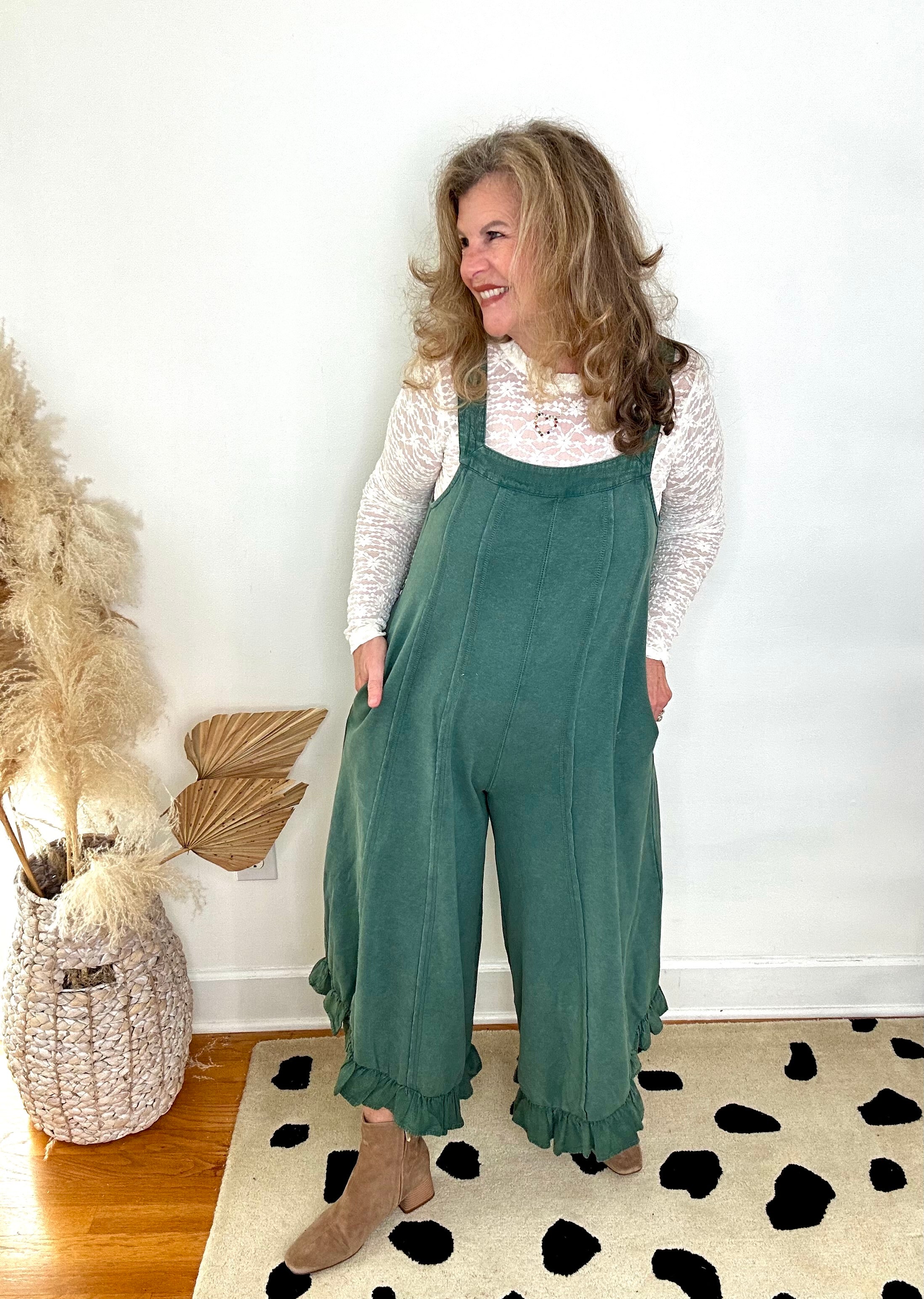 FOREST GREEN RUFFLE LEG JUMPSUIT