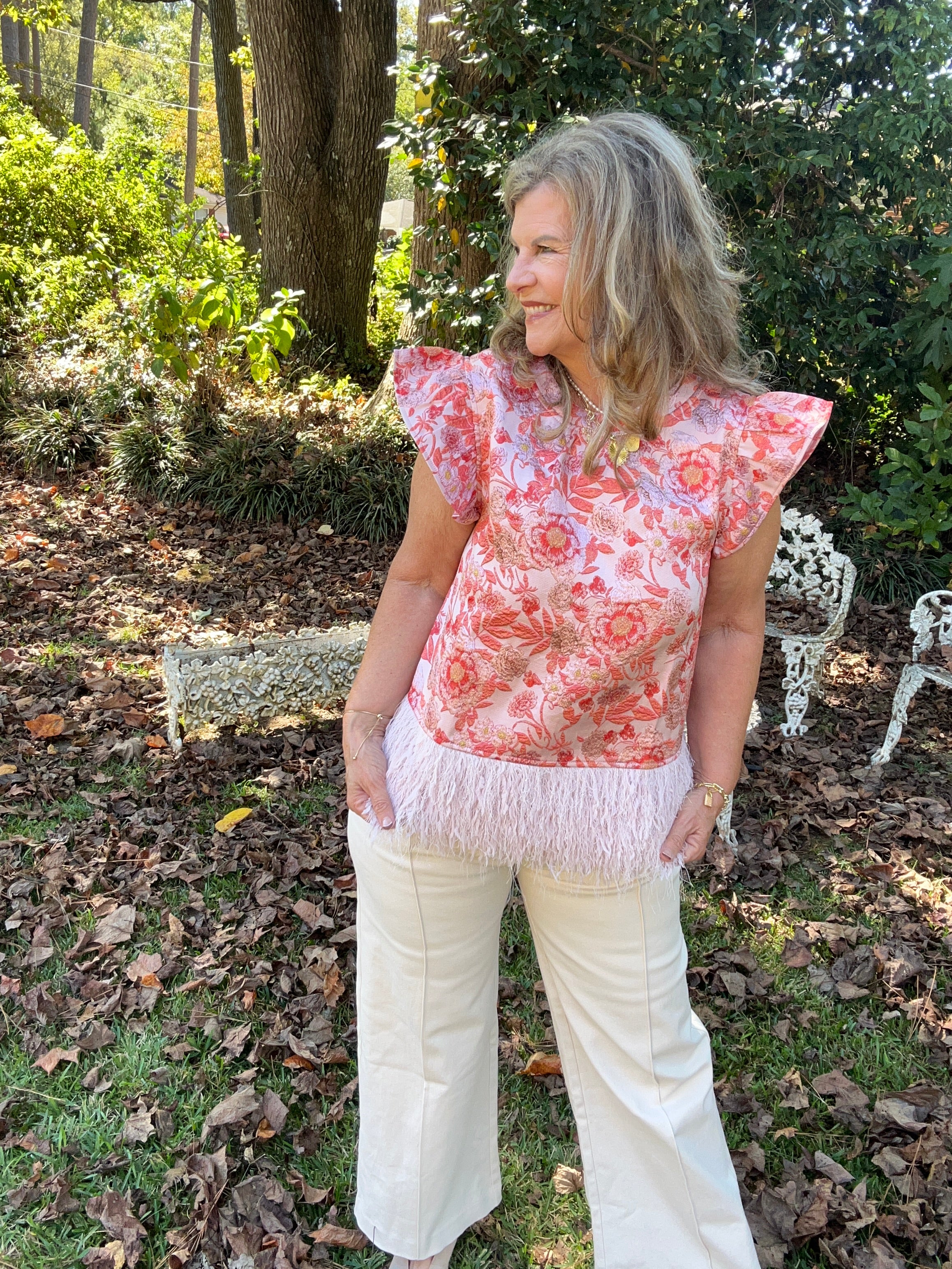 OSTRICH TRIM JACQUARD TOP