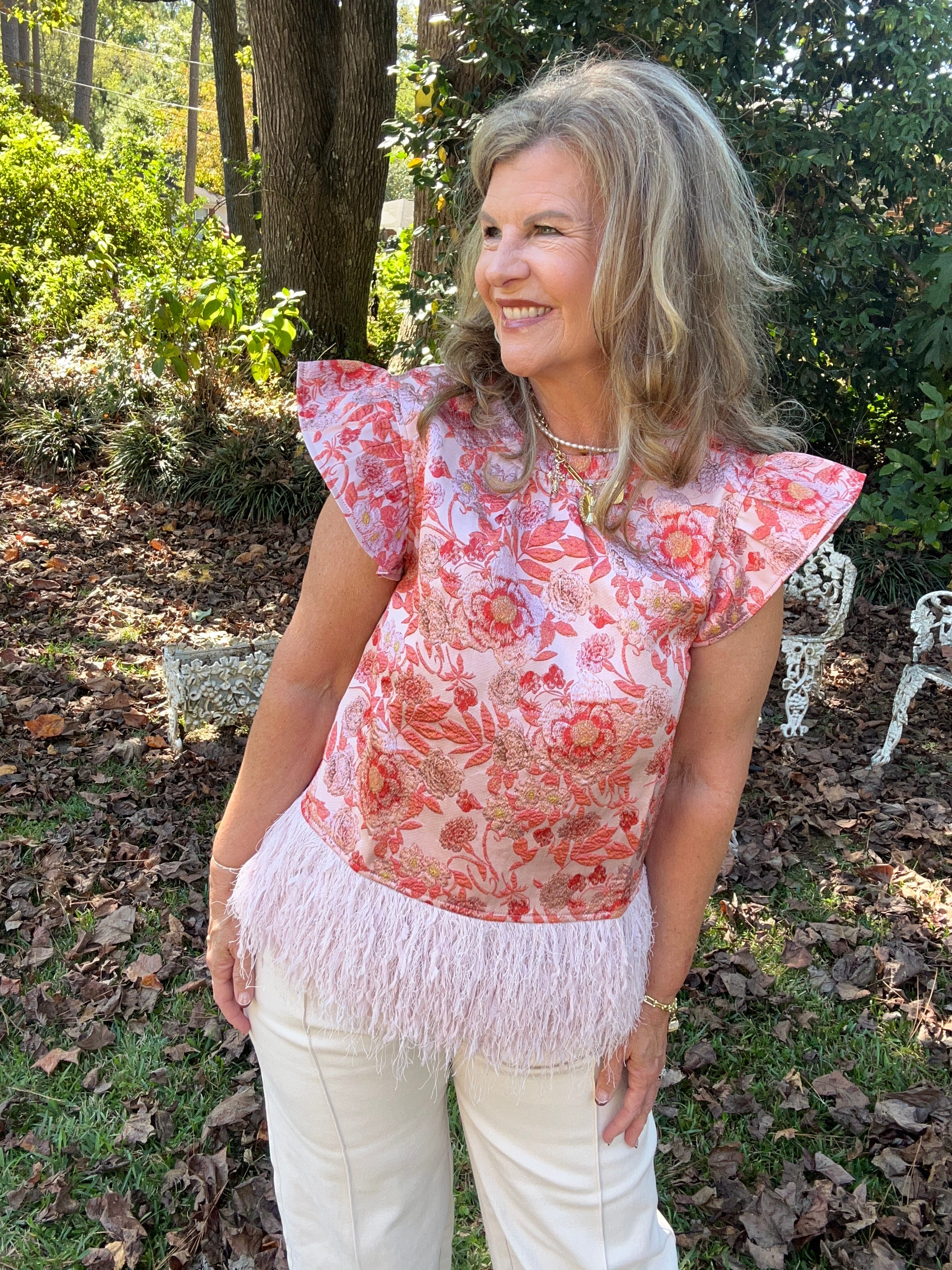 OSTRICH TRIM JACQUARD TOP