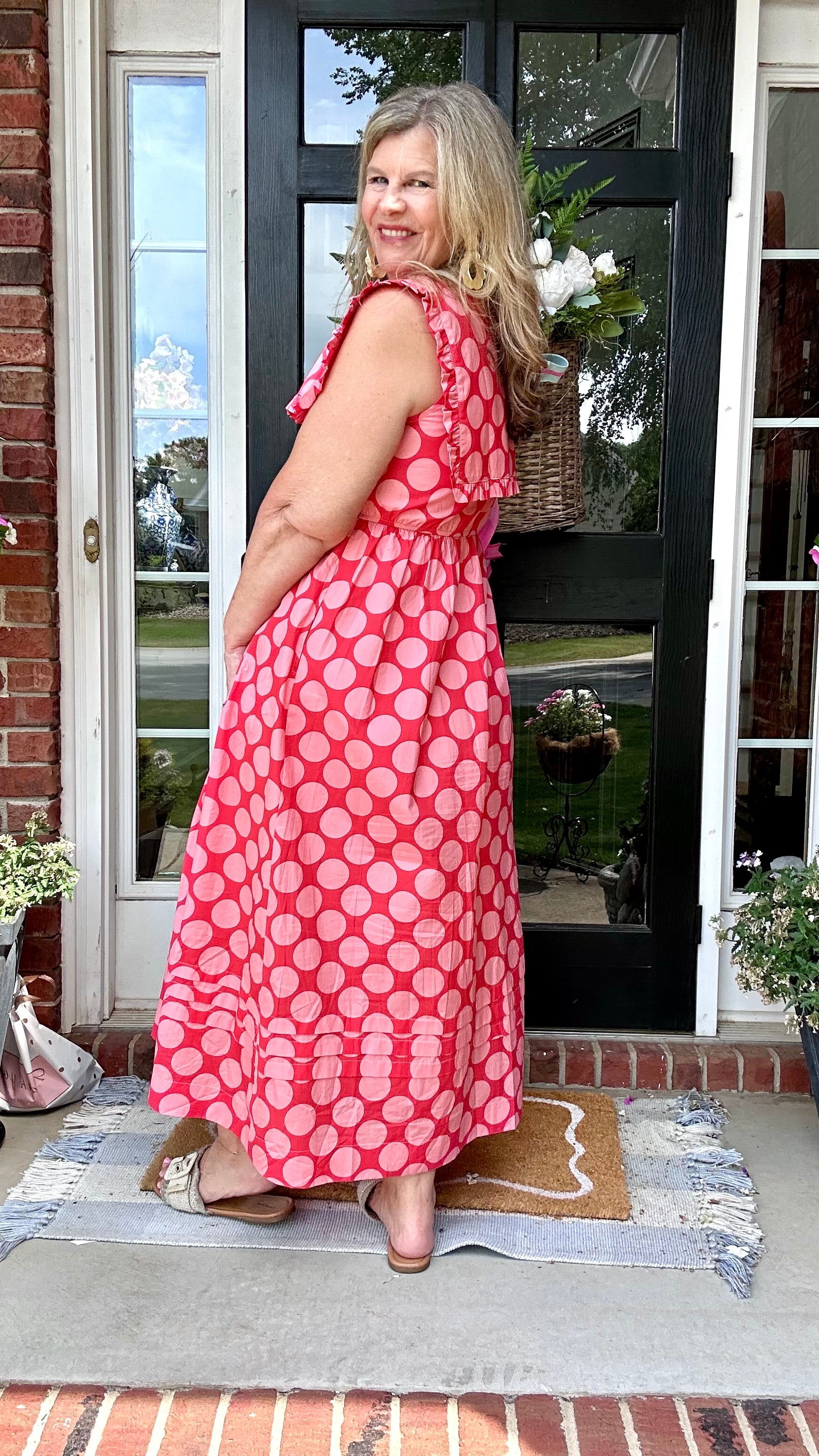 RED/PINK COTTON POPLIN DOT MAXI DRESS