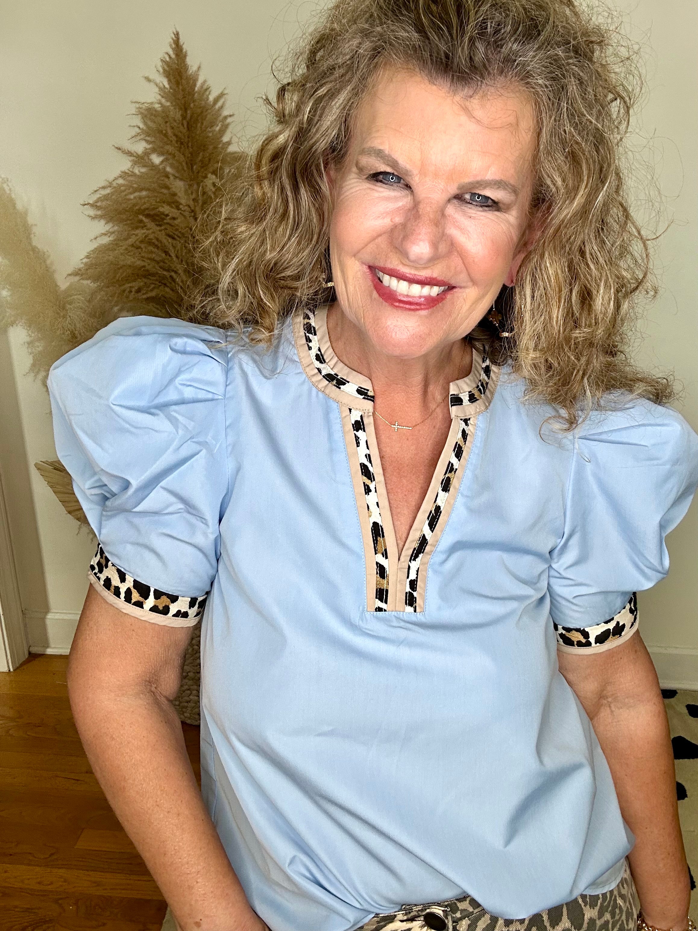 FIERCE IN BLUE LEOPARD TRIM TOP