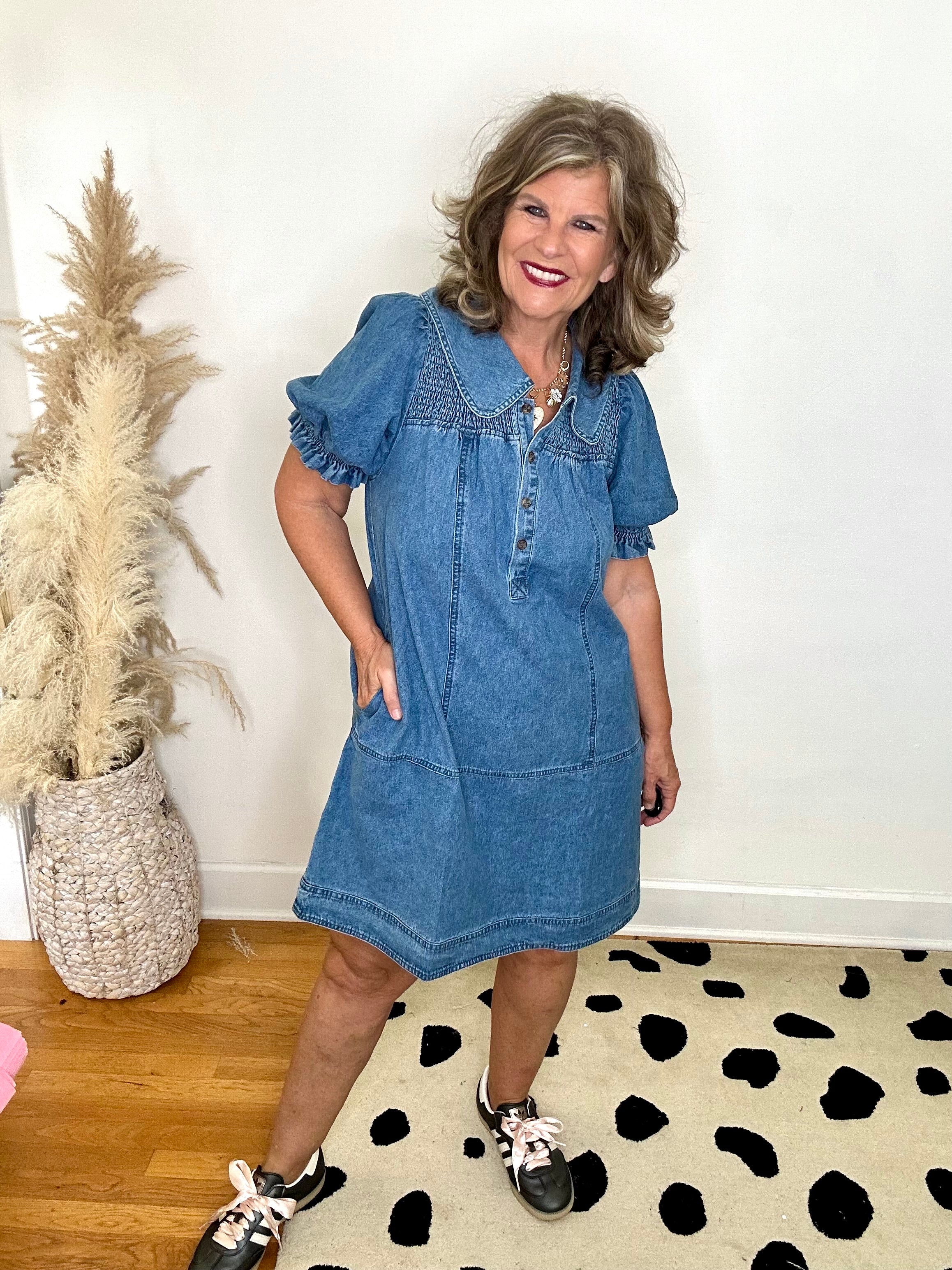 SMOCKED DENIM DRESS