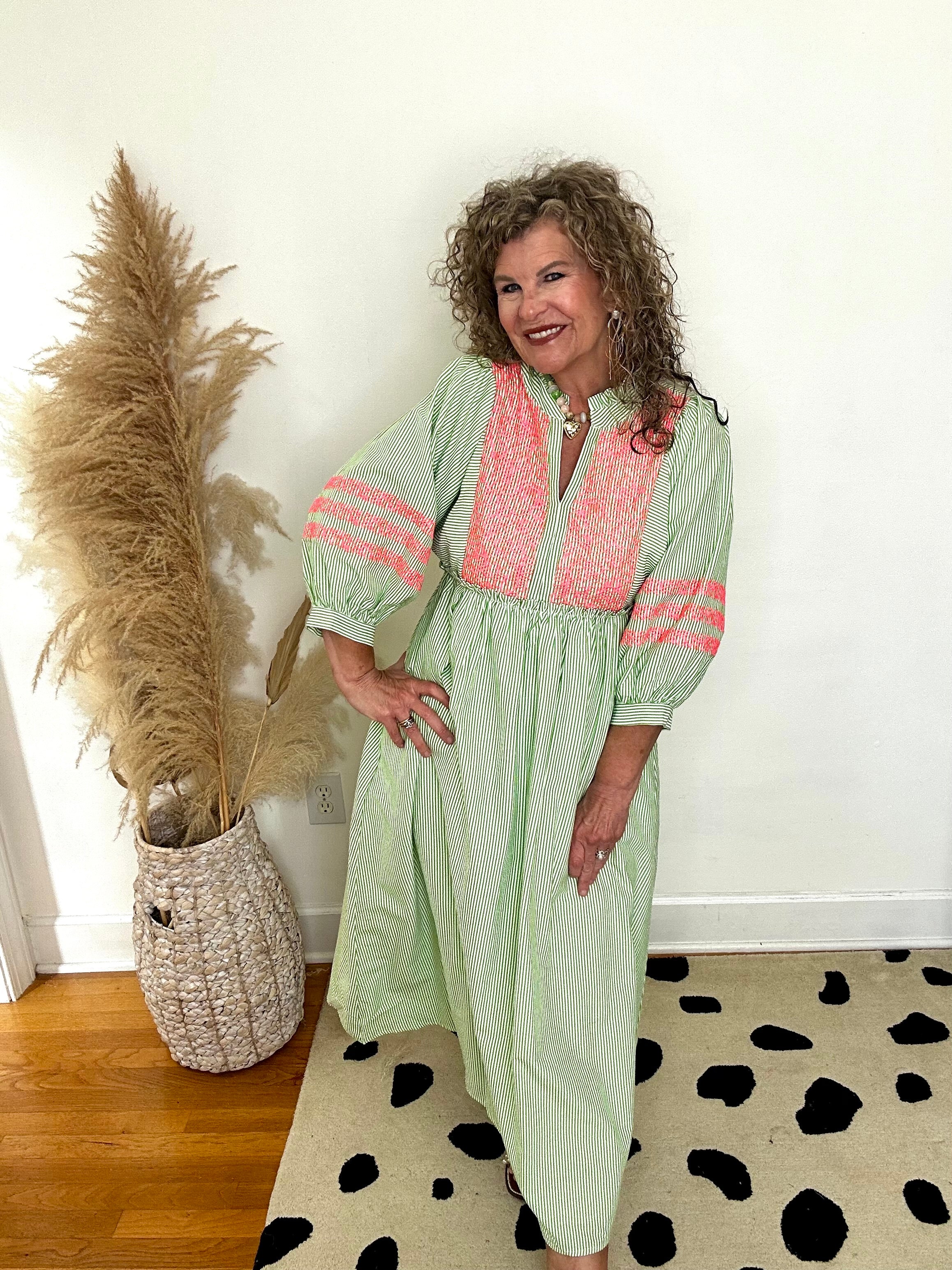 LIME STRIPED AND EMBROIDERED MIDI DRESS