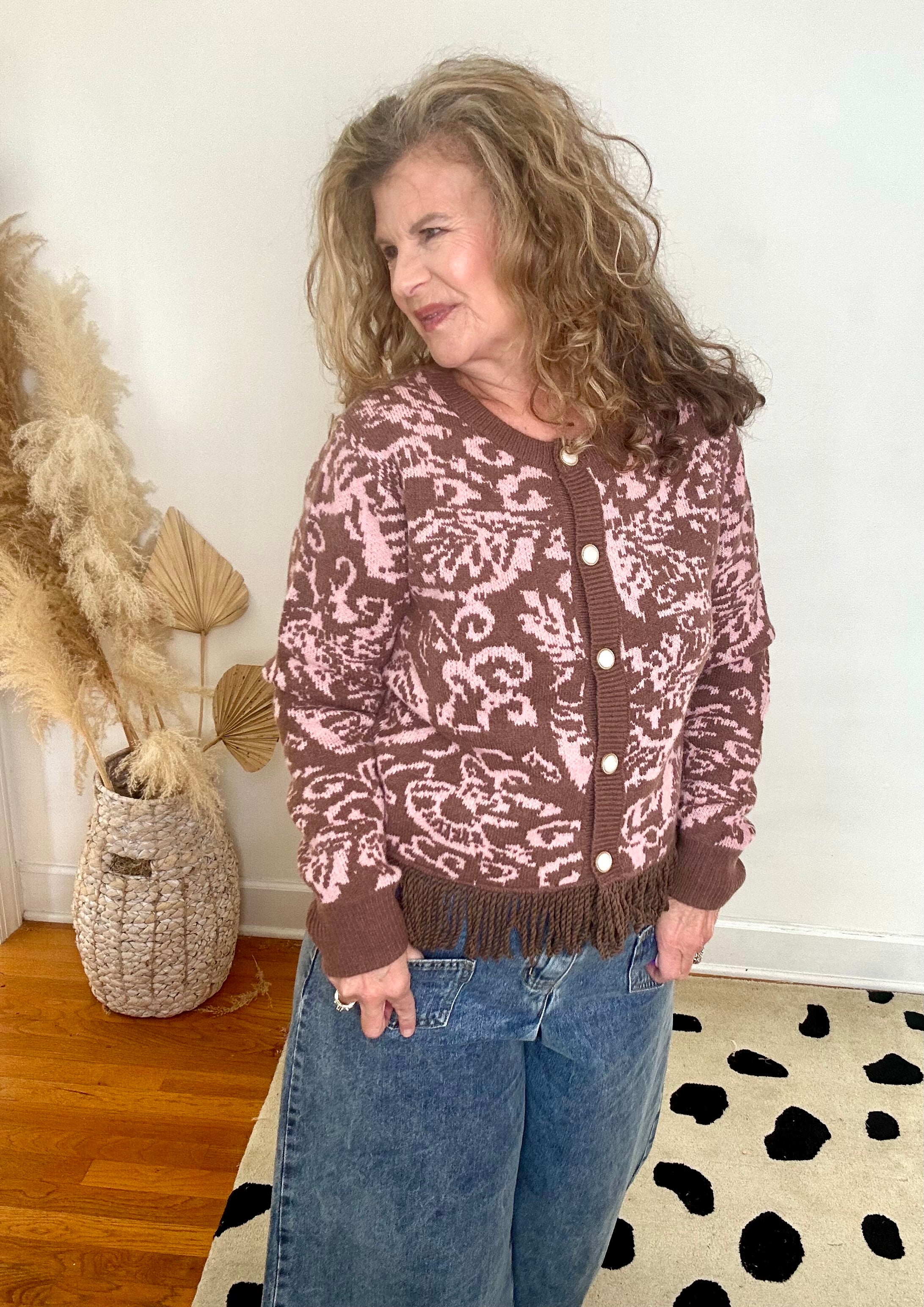 MOCHA PINK FLORAL KNIT FRINGED SWEATER CARDIGAN