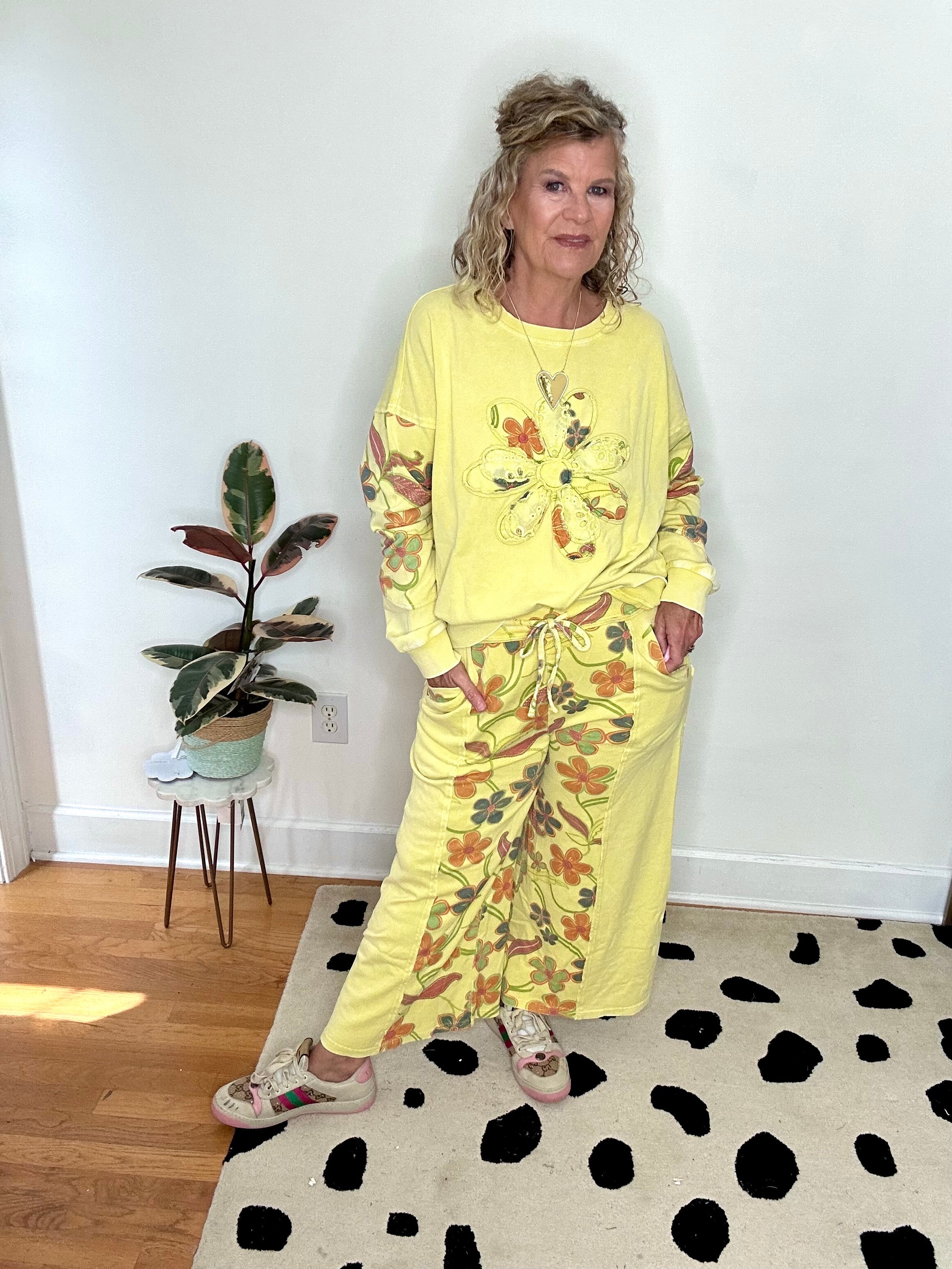 MIXED PRINT WASHED FLORAL TERRY PANTS