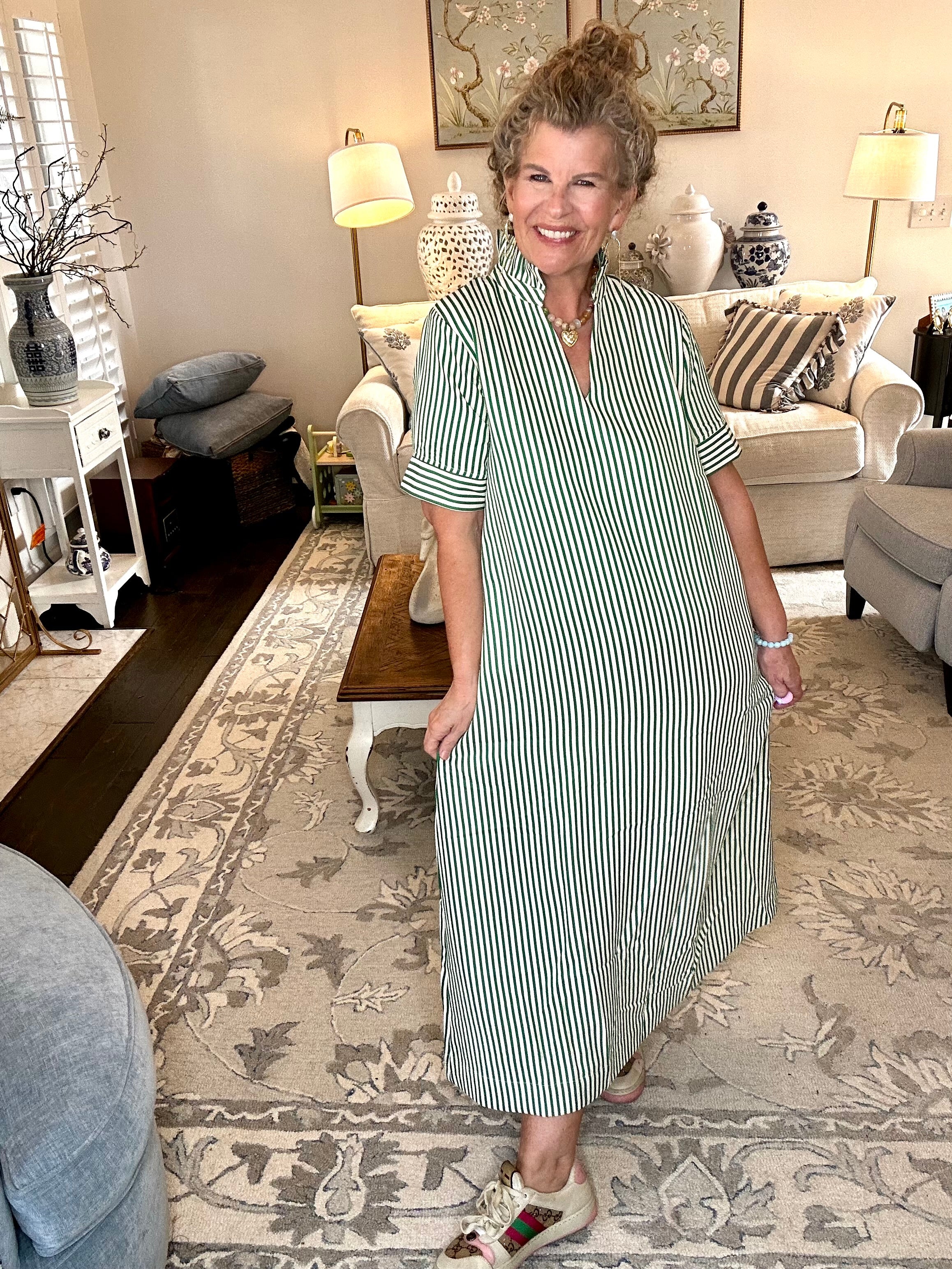 TIMELESS GREEN STRIPE MIDI SHIRT DRESS