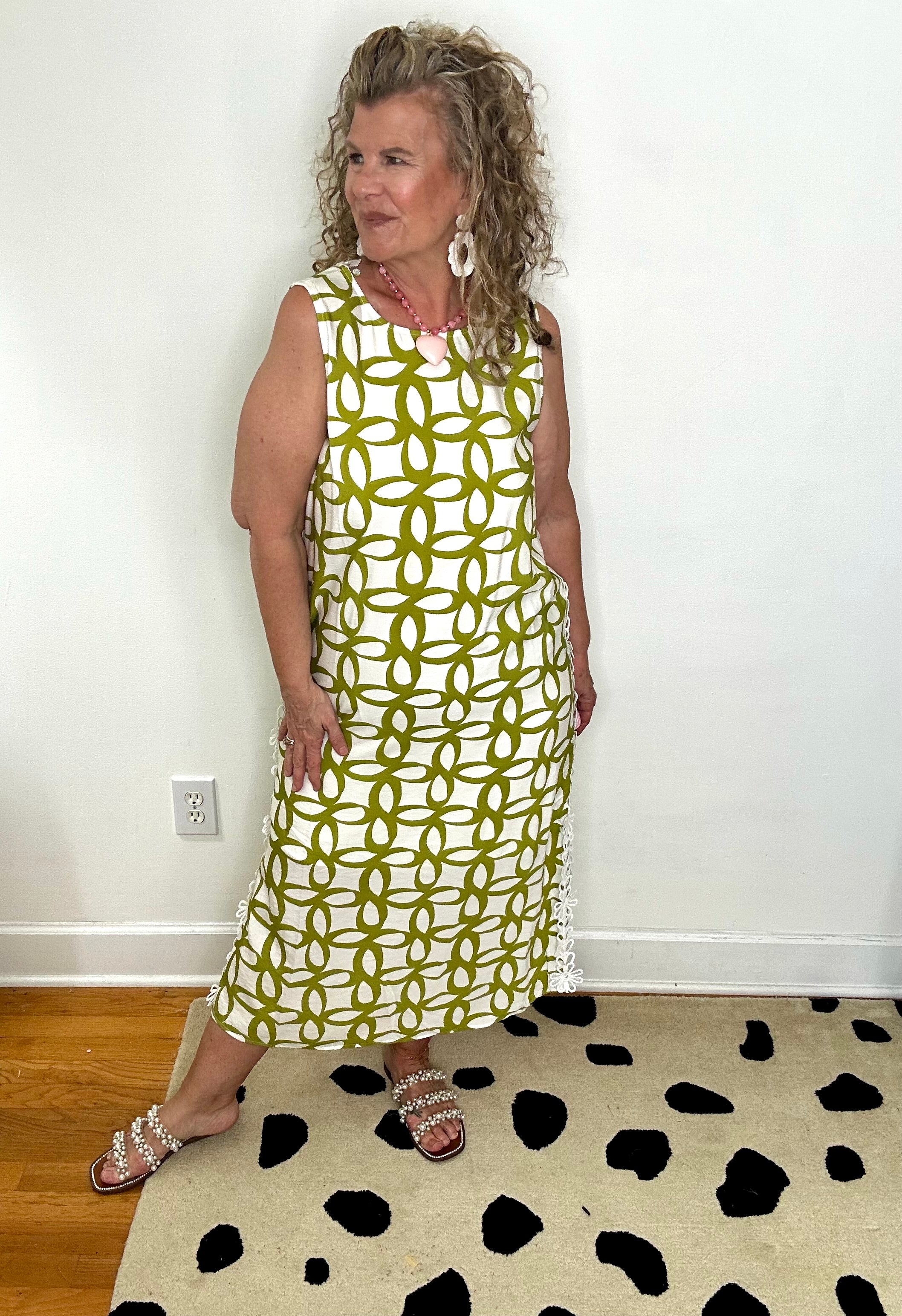 GREEN GEOMETRIC SLEEVELESS MIDI DRESS