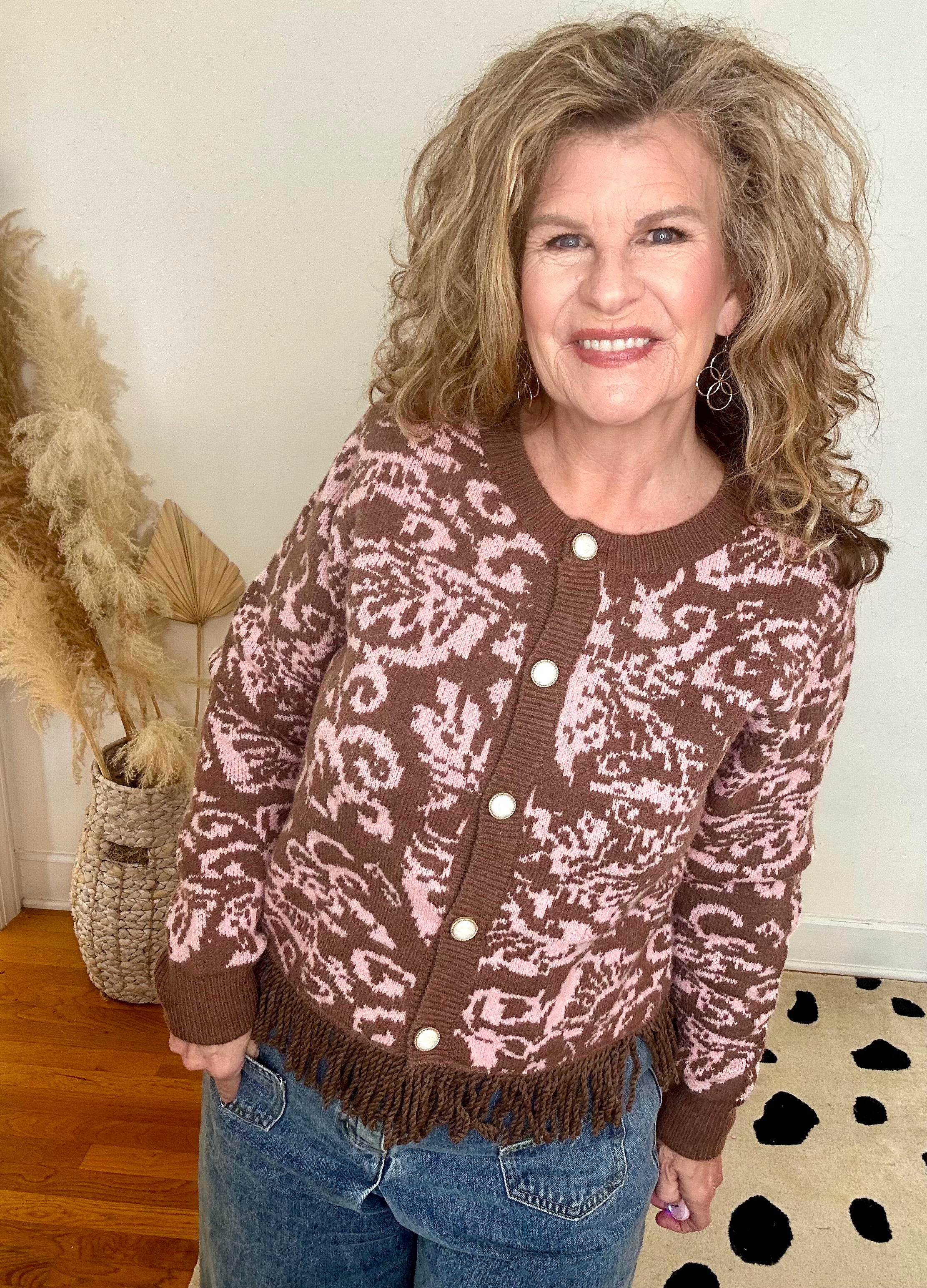 MOCHA PINK FLORAL KNIT FRINGED SWEATER CARDIGAN