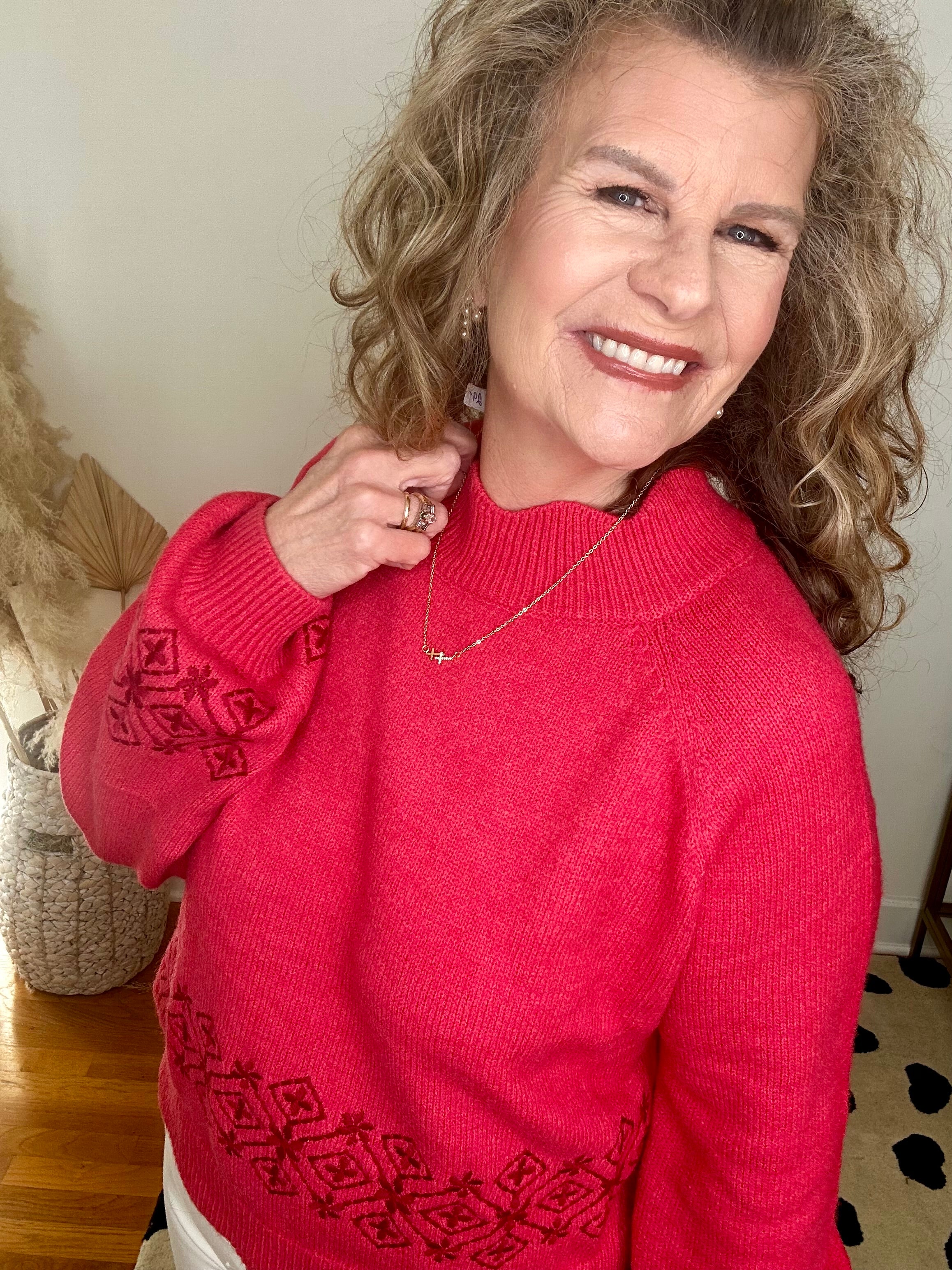 EMBROIDERED SCALLOPED RED SWEATER