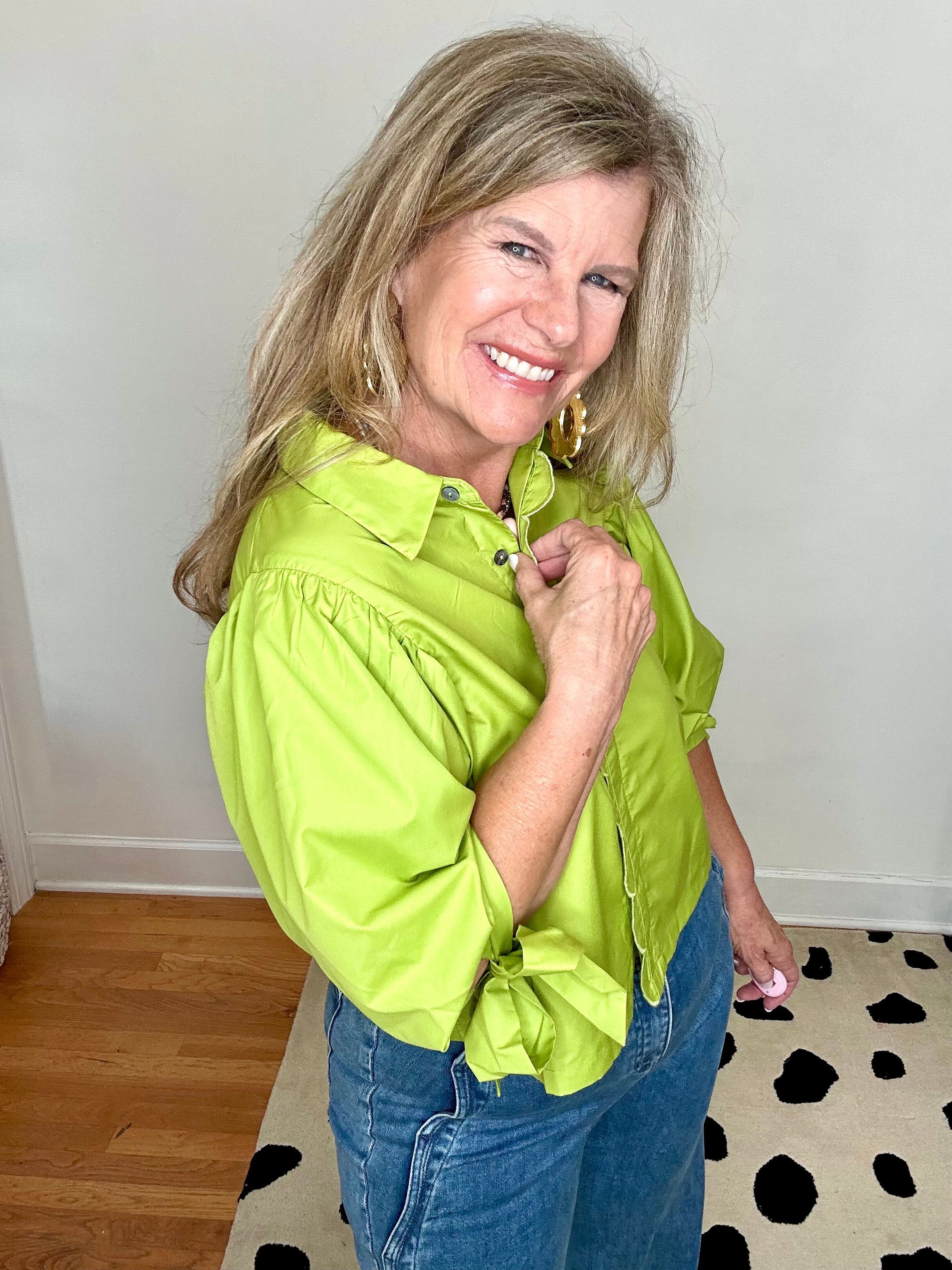 CHARTREUSE CHARM SCALLOP TIE BLOUSE