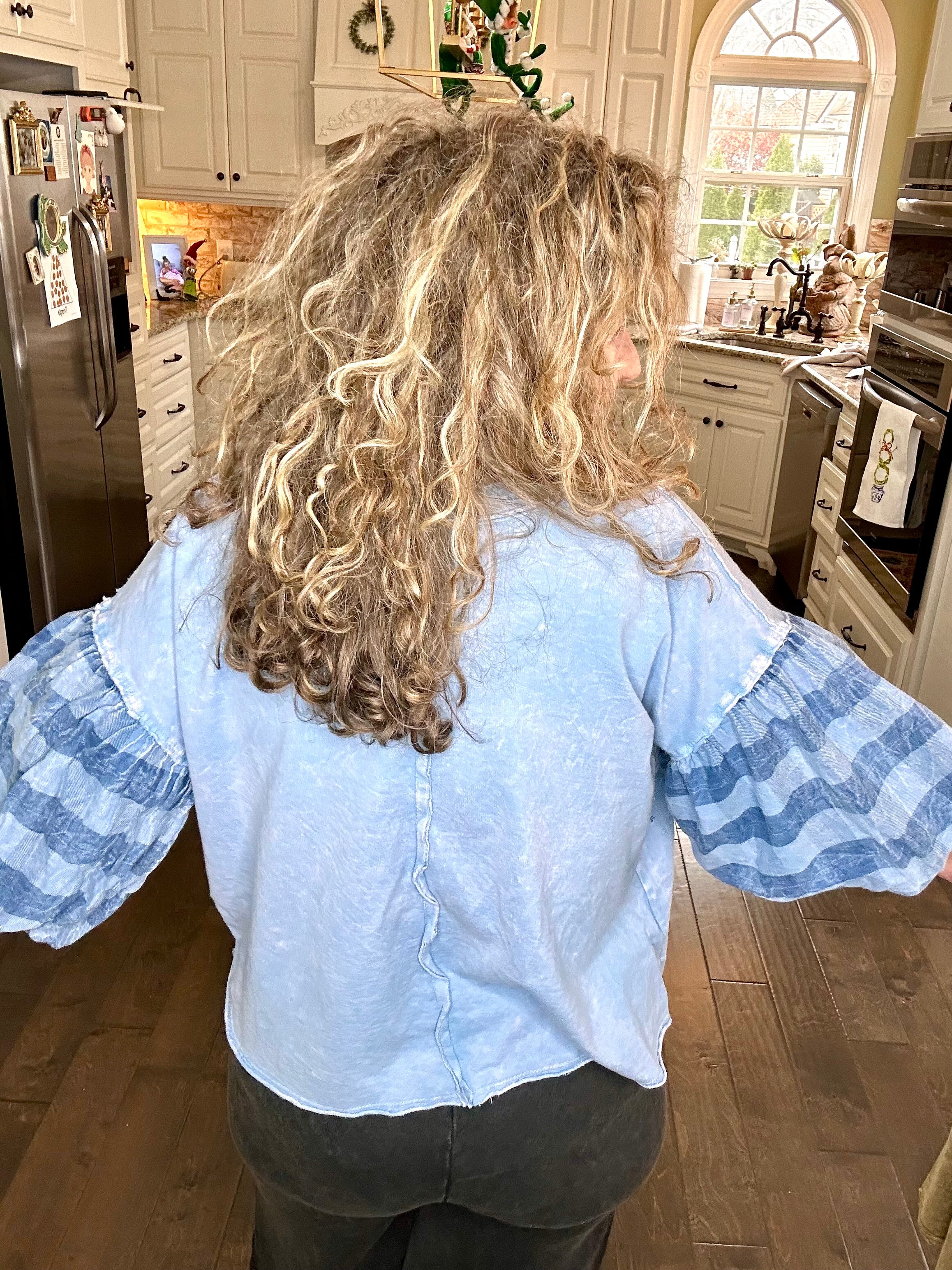 CHECKMATE MINERAL WASH GINGHAM PUFF SLEEVE TOP